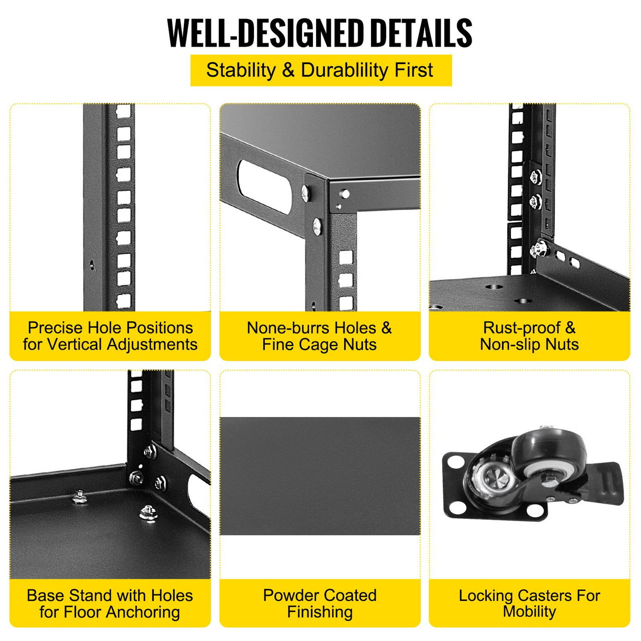 Server Rack, 12U Open Frame Rack, 4-Post IT Server Network Relay Rack, 19 Inch Server/Audio Network Equipment Rack Cold Rolled Steel, Heavy Duty Rack w/Casters, Holds Network Servers & AV Gear