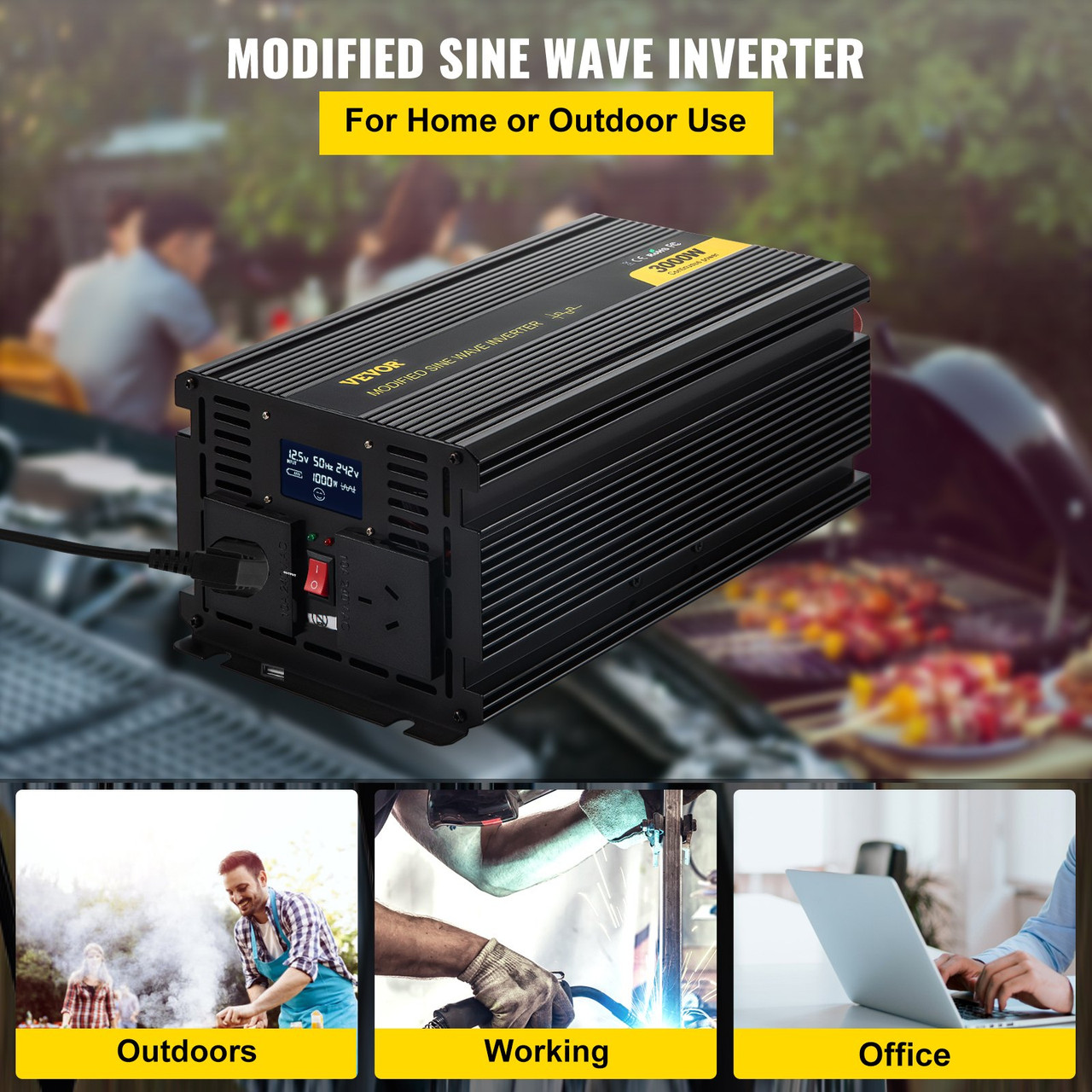 Power Inverter Modified Sine Wave Inverter 3000W DC 12V to AC 240V w/LCD
