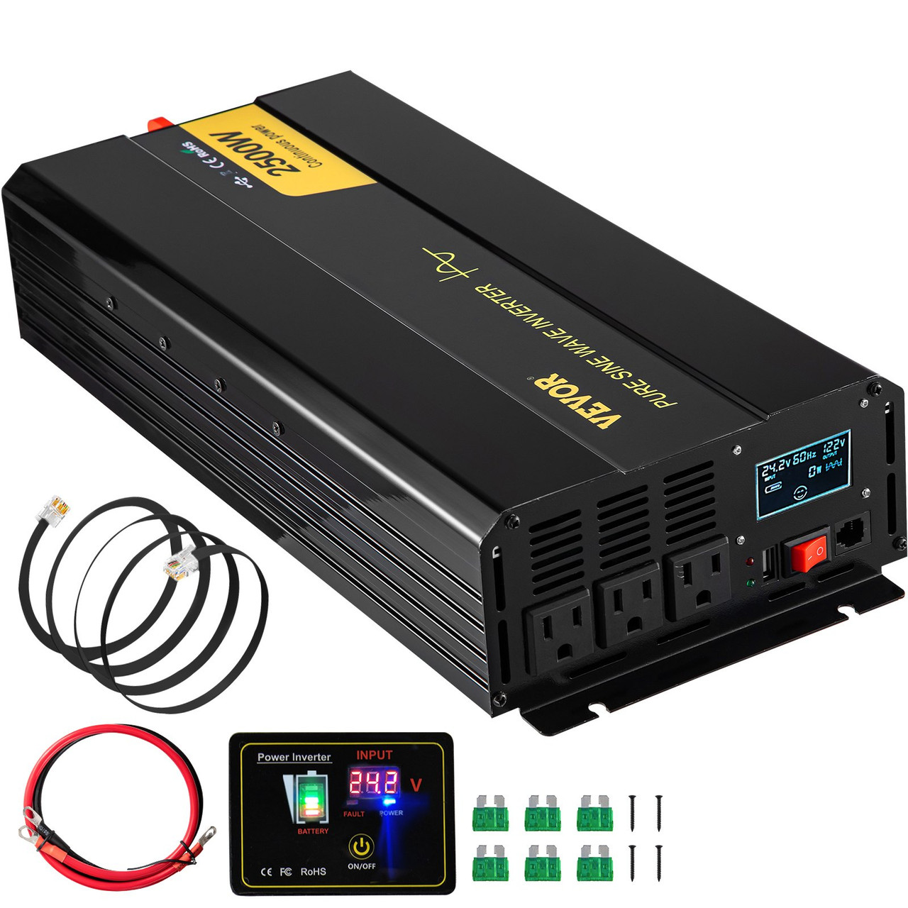 Pure Sine Wave Inverter, 2500 Watt Power Inverter, DC 24V to AC 120V Car Inverter, with USB Port, LCD Display, and Remote Controller Power Converter, for RV Truck Car Solar System Travel Camping