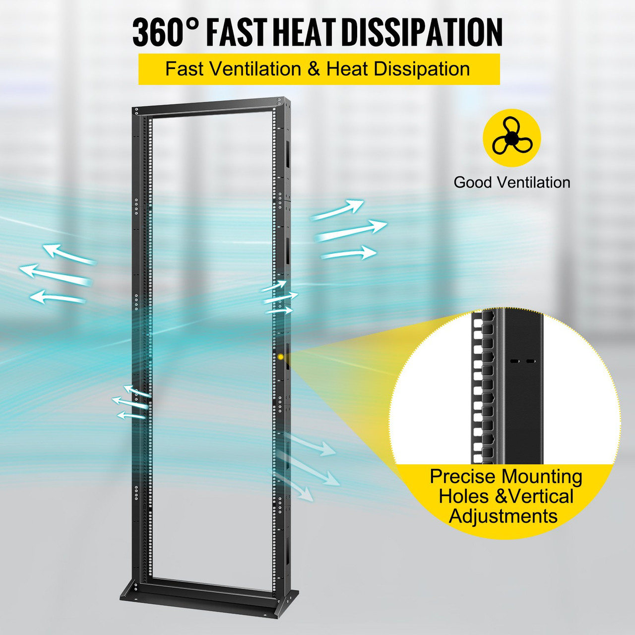 Server Rack, 45U Open Frame Rack, 2-Post IT Server Network Relay Rack, 19 Inch Server/Audio Network Equipment Rack Cold Rolled Steel, Heavy Duty Threaded Rack, Holds Network Servers & AV Gear