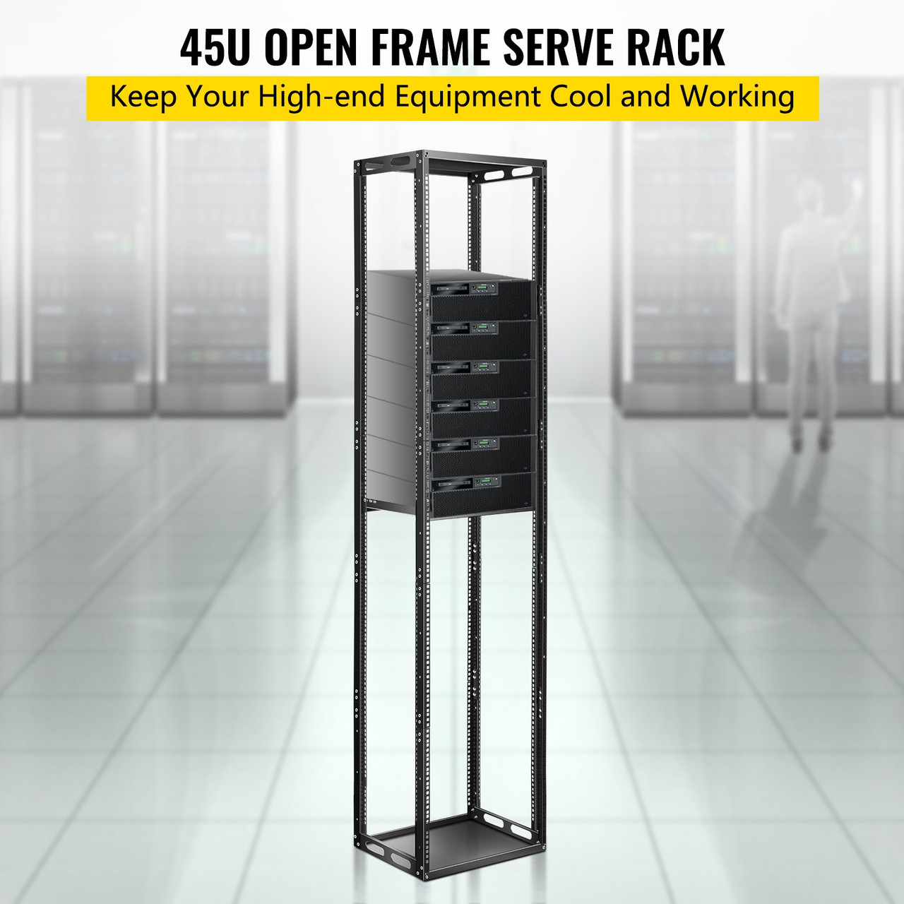 Server Rack, 45U Open Frame Rack, 4-Post IT Server Network Relay Rack, 19 Inch Server/Audio Network Equipment Rack Cold Rolled Steel, Heavy Duty Threaded Rack, Holds Network Servers & AV Gear