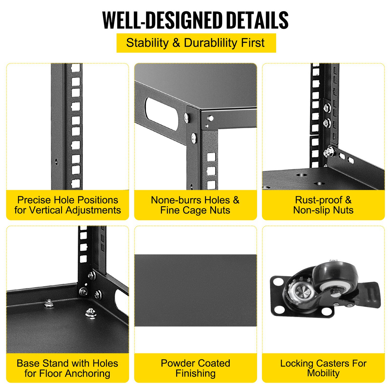 Server Rack, 27U Open Frame Rack, 4-Post IT Server Network Relay Rack, 19 Inch Server/Audio Network Equipment Rack Cold Rolled Steel, Heavy Duty Rack w/Casters, Holds Network Servers & AV Gear