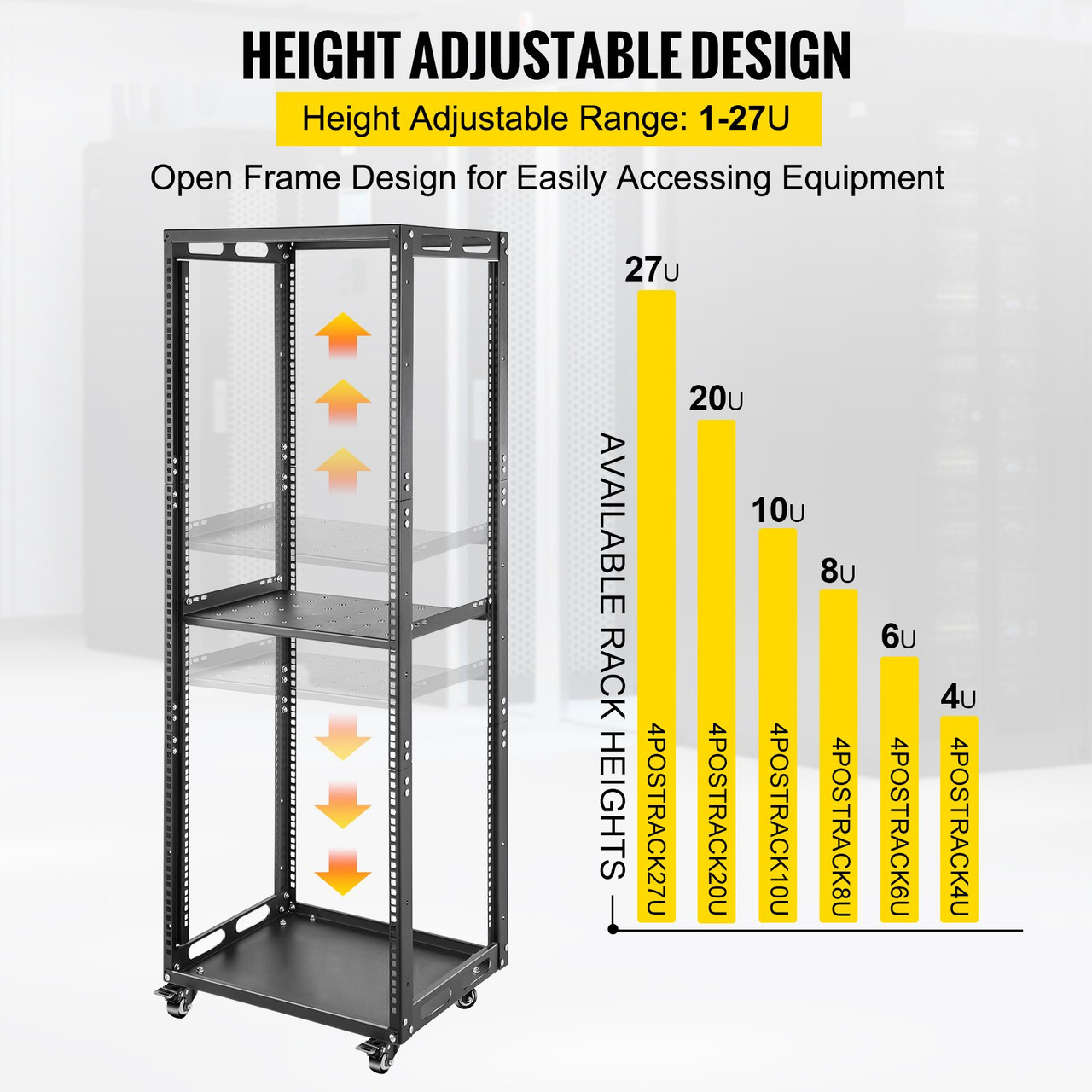 Server Rack, 27U Open Frame Rack, 4-Post IT Server Network Relay Rack, 19 Inch Server/Audio Network Equipment Rack Cold Rolled Steel, Heavy Duty Rack w/Casters, Holds Network Servers & AV Gear