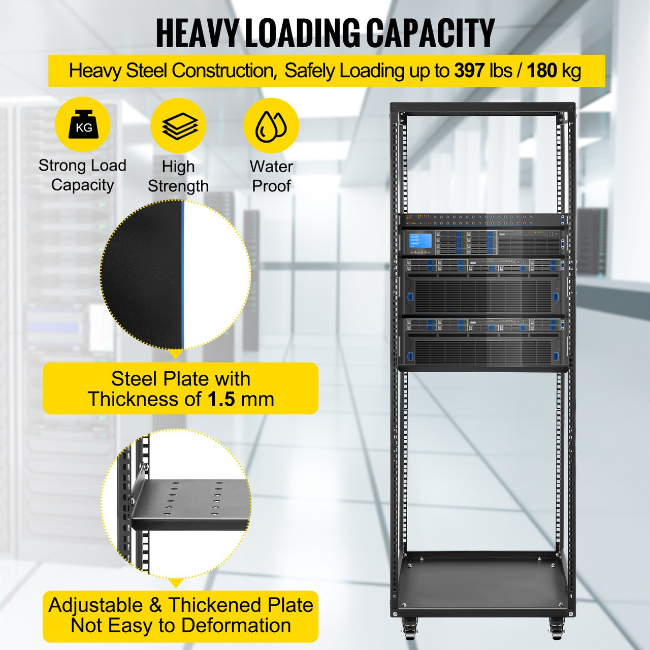 Server Rack, 27U Open Frame Rack, 4-Post IT Server Network Relay Rack, 19 Inch Server/Audio Network Equipment Rack Cold Rolled Steel, Heavy Duty Rack w/Casters, Holds Network Servers & AV Gear