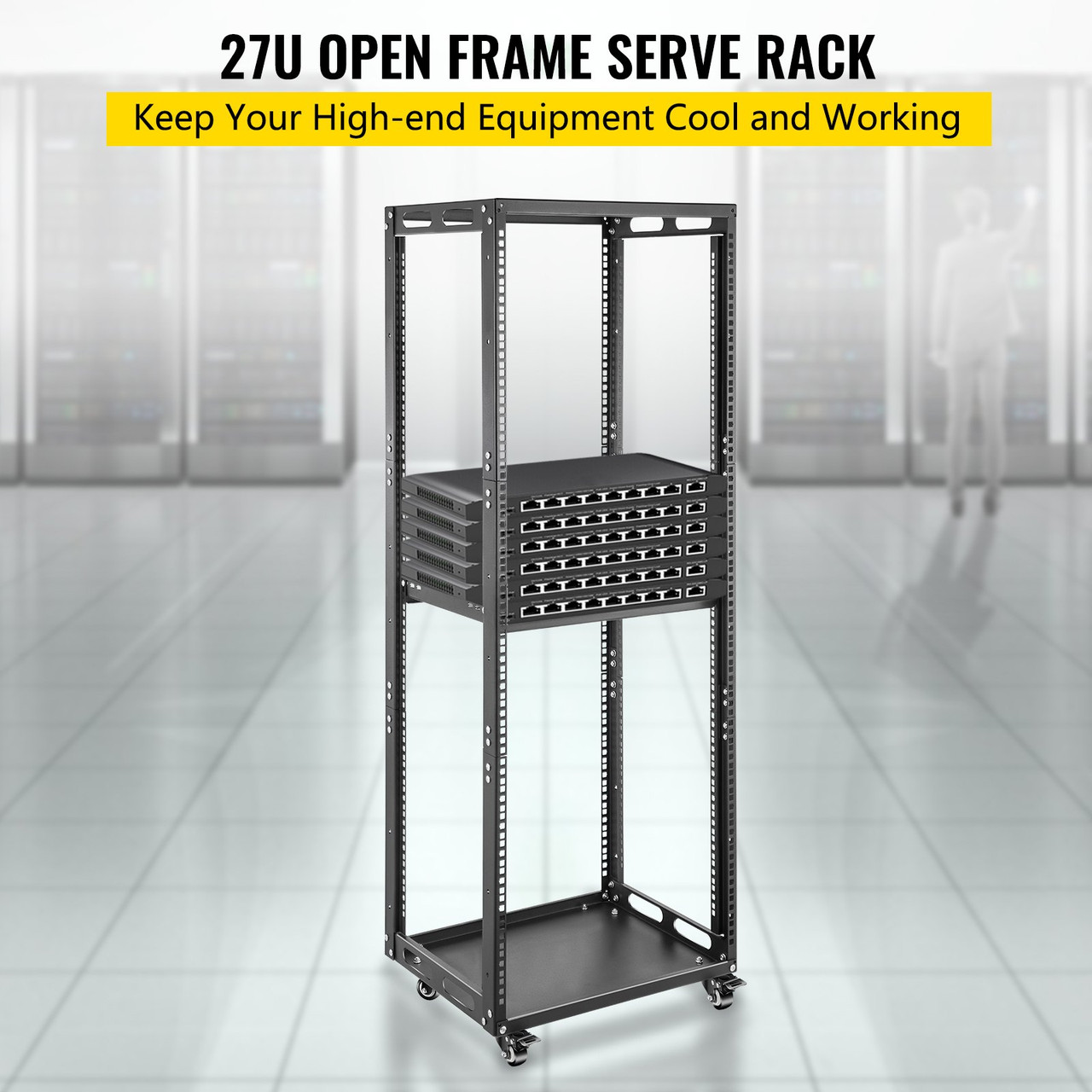 Server Rack, 27U Open Frame Rack, 4-Post IT Server Network Relay Rack, 19 Inch Server/Audio Network Equipment Rack Cold Rolled Steel, Heavy Duty Rack w/Casters, Holds Network Servers & AV Gear