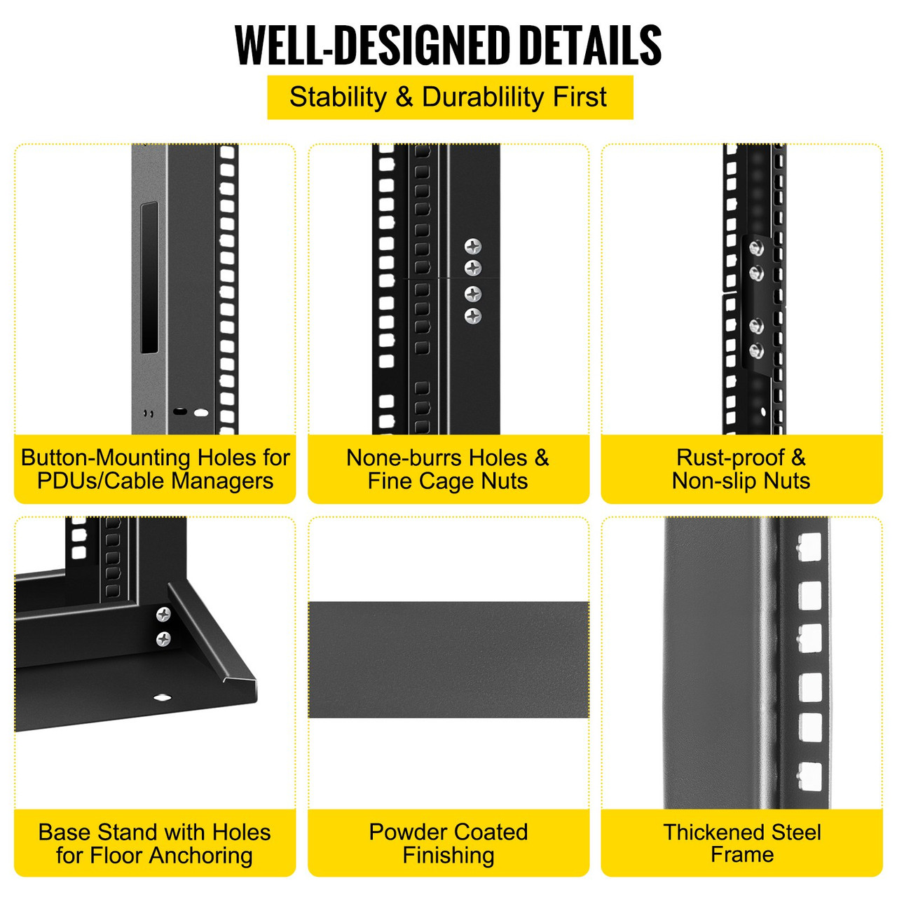 Server Rack, 45U Open Frame Rack, 2-Post IT Server Network Relay Rack, 23 Inch Server/Audio Network Equipment Rack Cold Rolled Steel, Heavy Duty Threaded Rack, Holds Network Servers & AV Gear