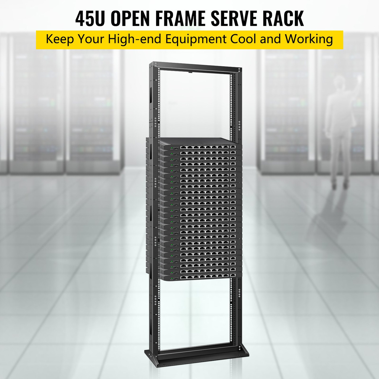 Server Rack, 45U Open Frame Rack, 2-Post IT Server Network Relay Rack, 23 Inch Server/Audio Network Equipment Rack Cold Rolled Steel, Heavy Duty Threaded Rack, Holds Network Servers & AV Gear
