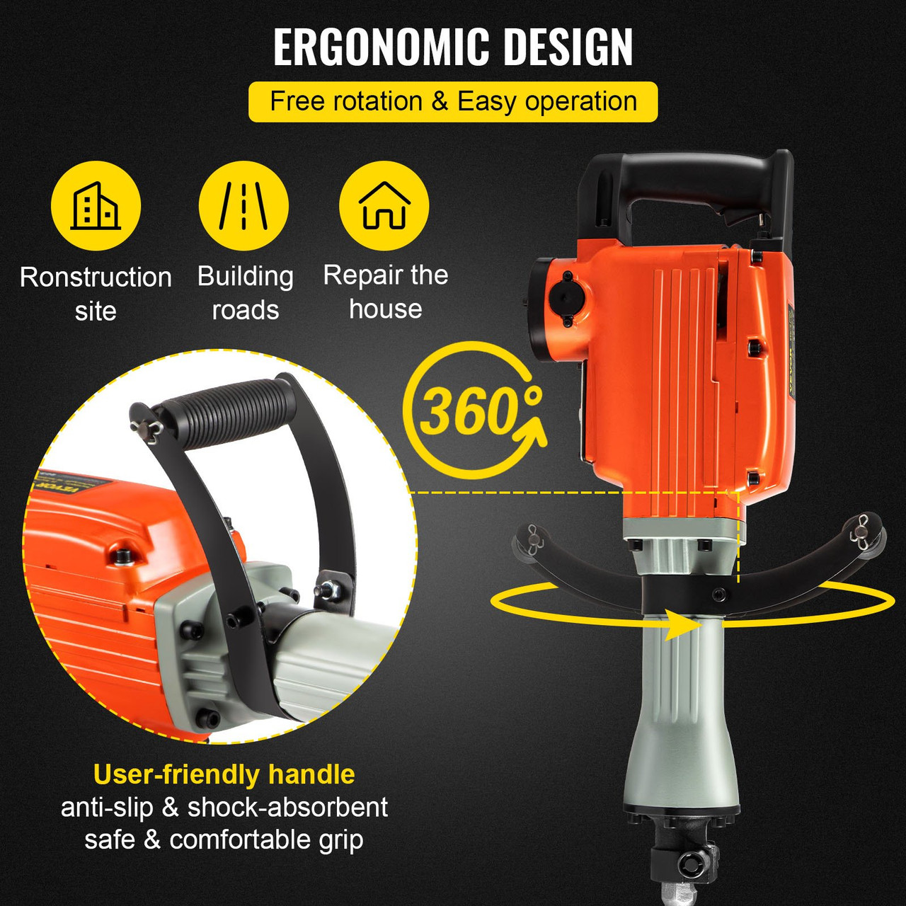 VEVOR Demolition Jack Hammer Jack Hammer Concrete Breaker 1200 BPM Heavy  Duty Electric Jack Hammer 3 Chisel Bit W/Gloves & 360° Swiveling Front  Handle