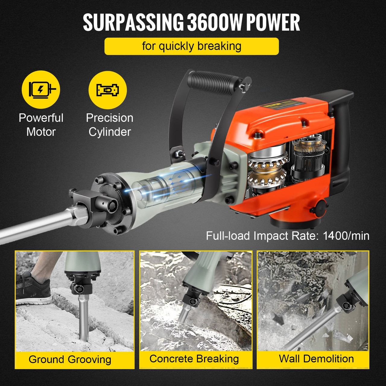 Industrial  Electric Demolition Hammer Concrete Breaker 3600W Jack Hammer 1400 BPM Heavy Duty, 4pcs Chisels Bit w/Gloves & 360øSwiveling Front Handle for Trenching, Chipping, Breaking Holes