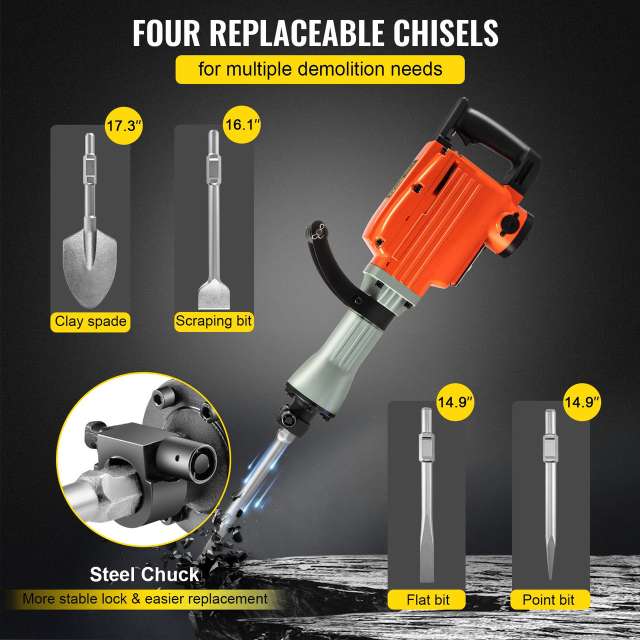 Industrial  Electric Demolition Hammer Concrete Breaker 3600W Jack Hammer 1400 BPM Heavy Duty, 4pcs Chisels Bit w/Gloves & 360Ã¸Swiveling Front Handle for Trenching, Chipping, Breaking Holes