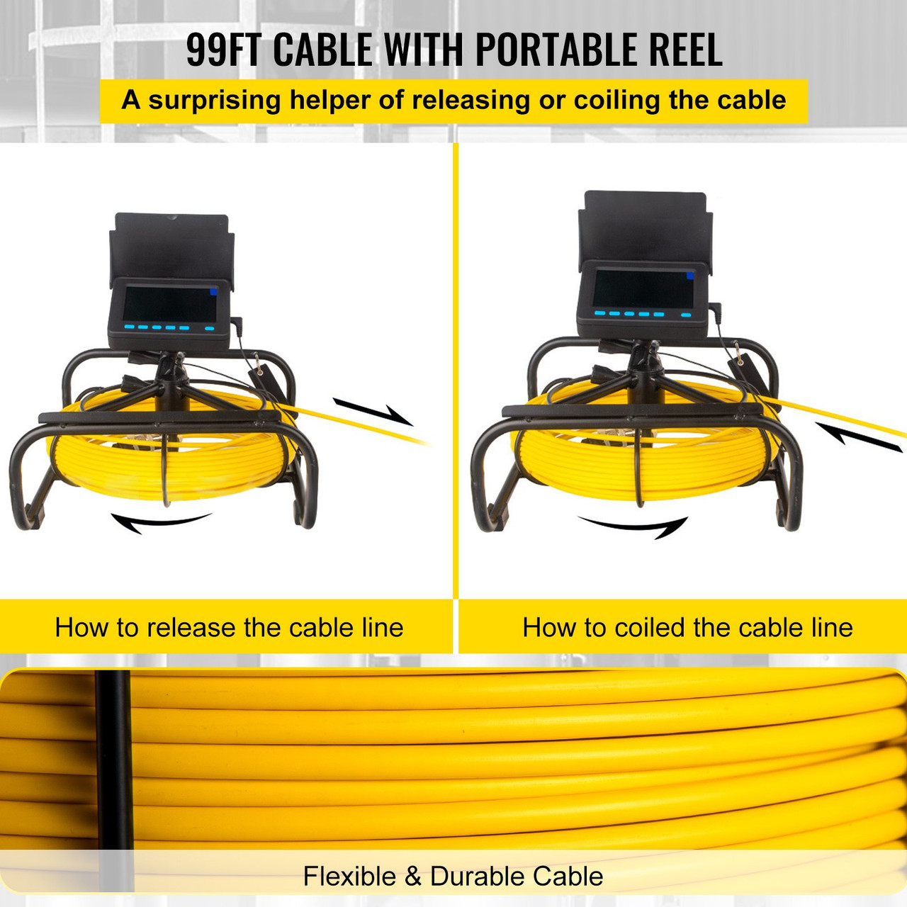 Sewer Camera 98.4 FT Cable Pipeline Inspection Camera 4.3 Inch TFT LCD Monitor Pipe Camera Screen Waterproof IP68 Duct Inspection Camera with 6PCS LEDs 8500MAH Lithium Battery, DVR Function, 30M