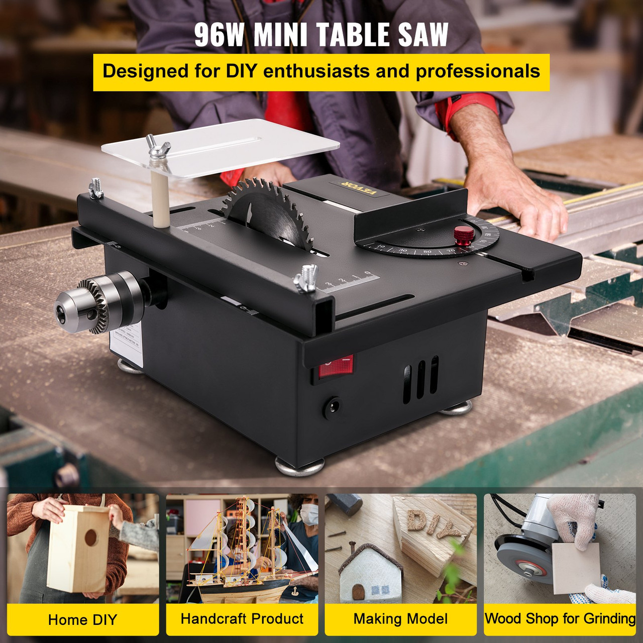 Mini Table Saw, 96W Hobby Table Saw for Woodworking, 0-90 Angle Cutting Portable DIY Saw, 7-Level Speed Adjustable Multifunctional Table Saws, 1.3in Cutting Depth (Cutting/Polishing Set)