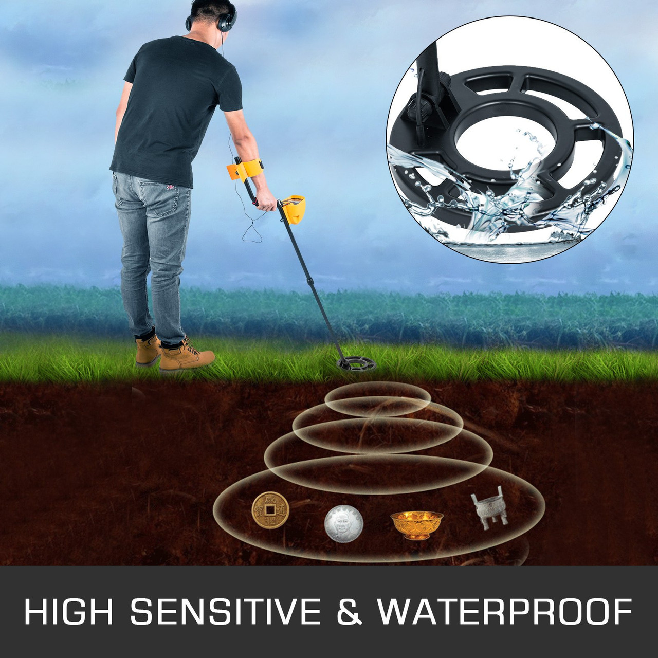 Metal Detector Waterproof Disc Metal detectors Underwater Underground high Accuracy LCD Display Metal Detector for Adults and Children Headphone Automatic Detector (Yellow 3010)