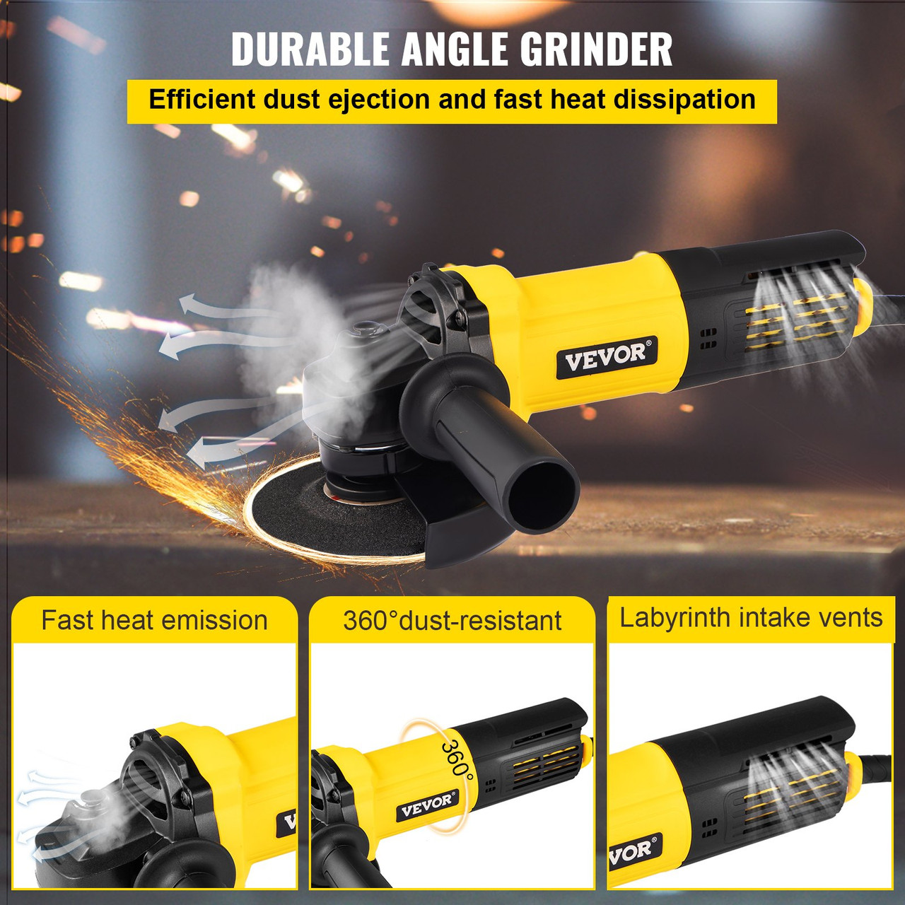 VEVOR Angle Grinder, 4-1/2 Inch Powerful Grinder Tool 11Amp Power Grinder  with Paddle Switch and 360° Rotational Guard, 12000rpm Power Angle Grinders
