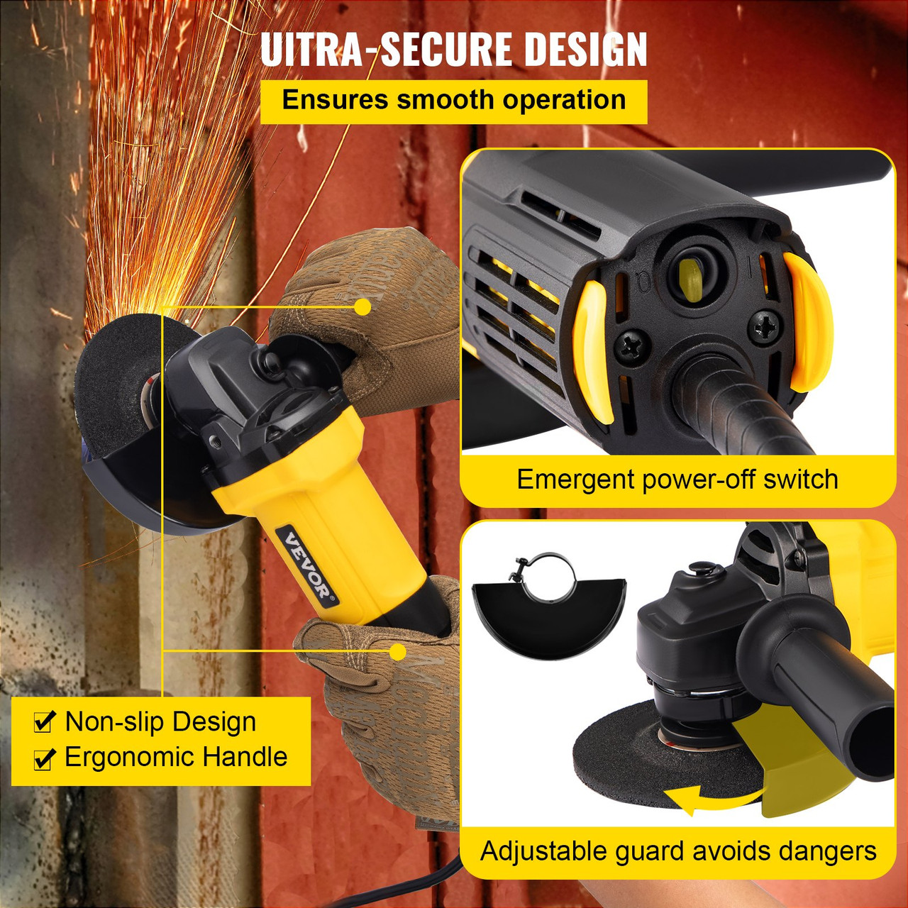 Angle Grinder, 4-1/2 Inch Powerful Grinder Tool 11Amp Power Grinder with Paddle Switch and 360Ã¸ Rotational Guard, 12000rpm Power Angle Grinders for Cutting and Grinding Metal, Stone, Wood, etc