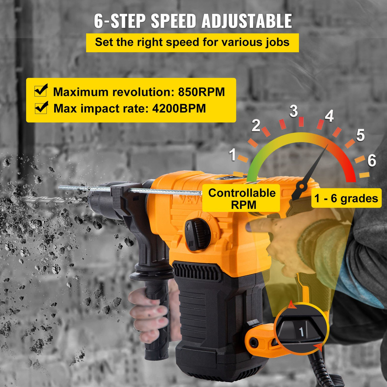 Rotary Hammer, 1.26' SDS - Plus Hammer Drill  4 Functions & 360 Degree Rotating Handle, 13A 1500W  6 Step Variable Speed Adjustment 0-850RPM Hammering Machine Includes Chisels, Bits & Case