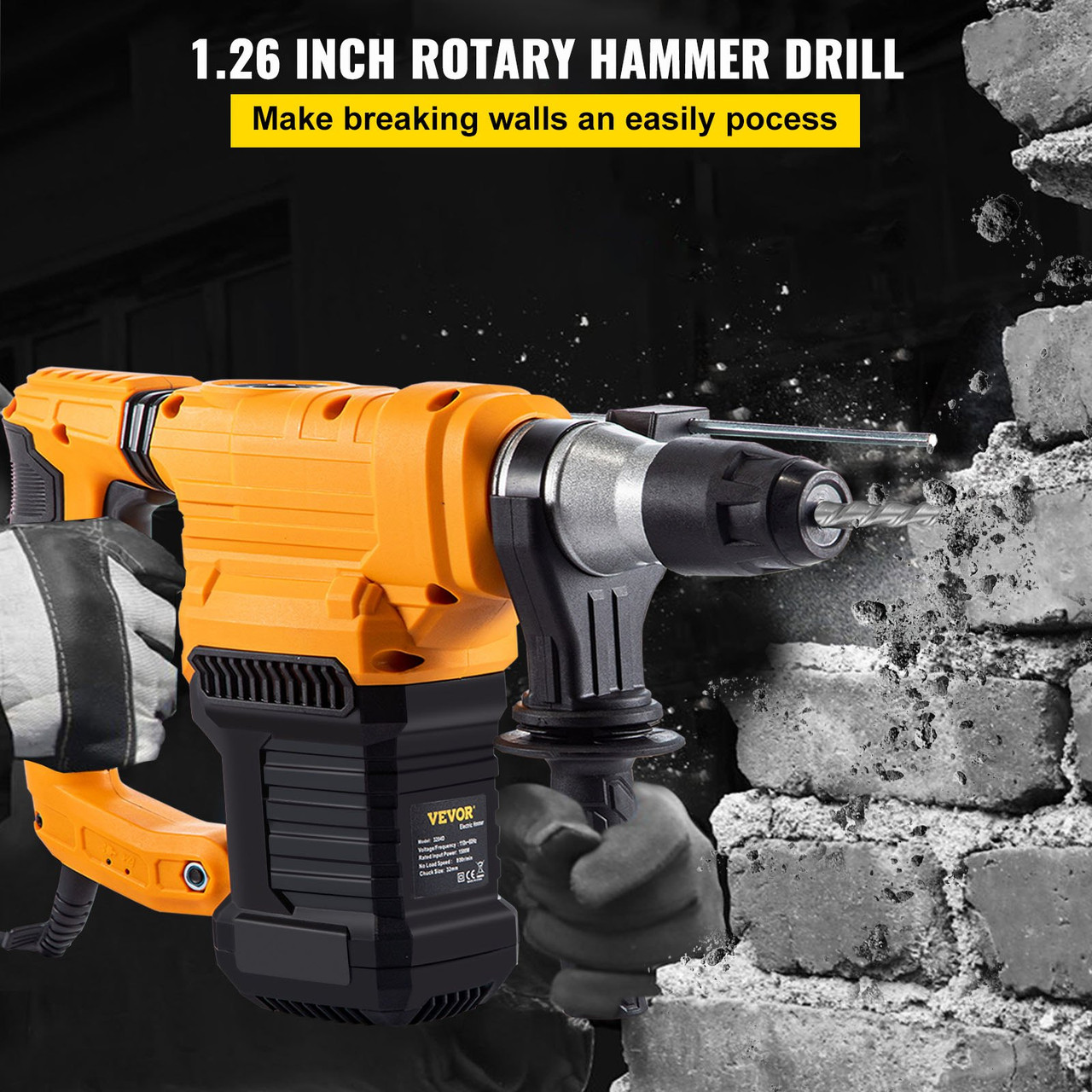 Rotary Hammer, 1.26' SDS - Plus Hammer Drill  4 Functions & 360 Degree Rotating Handle, 13A 1500W  6 Step Variable Speed Adjustment 0-850RPM Hammering Machine Includes Chisels, Bits & Case