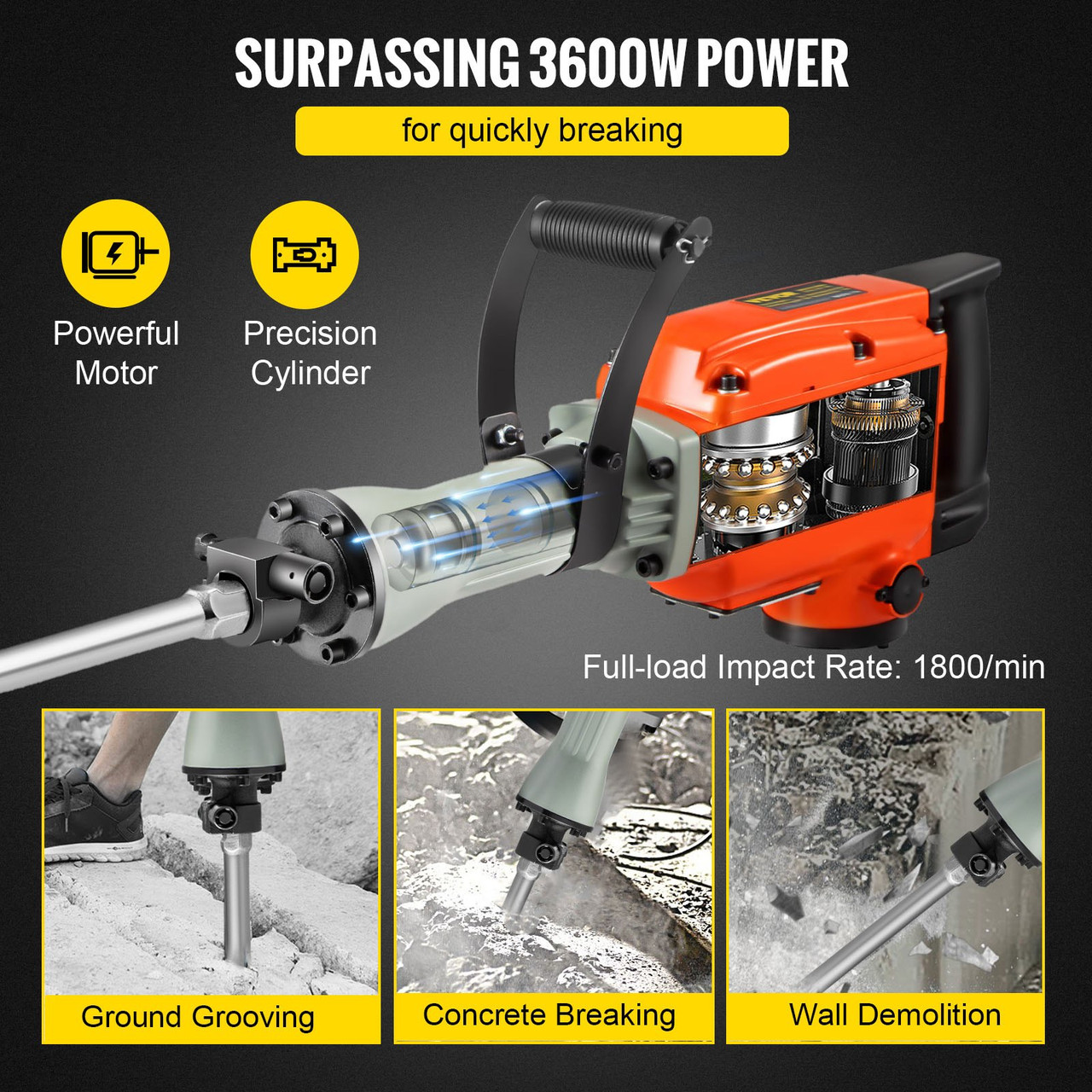 Demolition Jack Hammer 3600W Jack Hammer Concrete Breaker 1800 BPM Heavy Duty Electric Jack Hammer 6pcs Chisels Bit w/Gloves & 360øSwiveling Front Handle for Trenching, Chipping, Breaking Holes