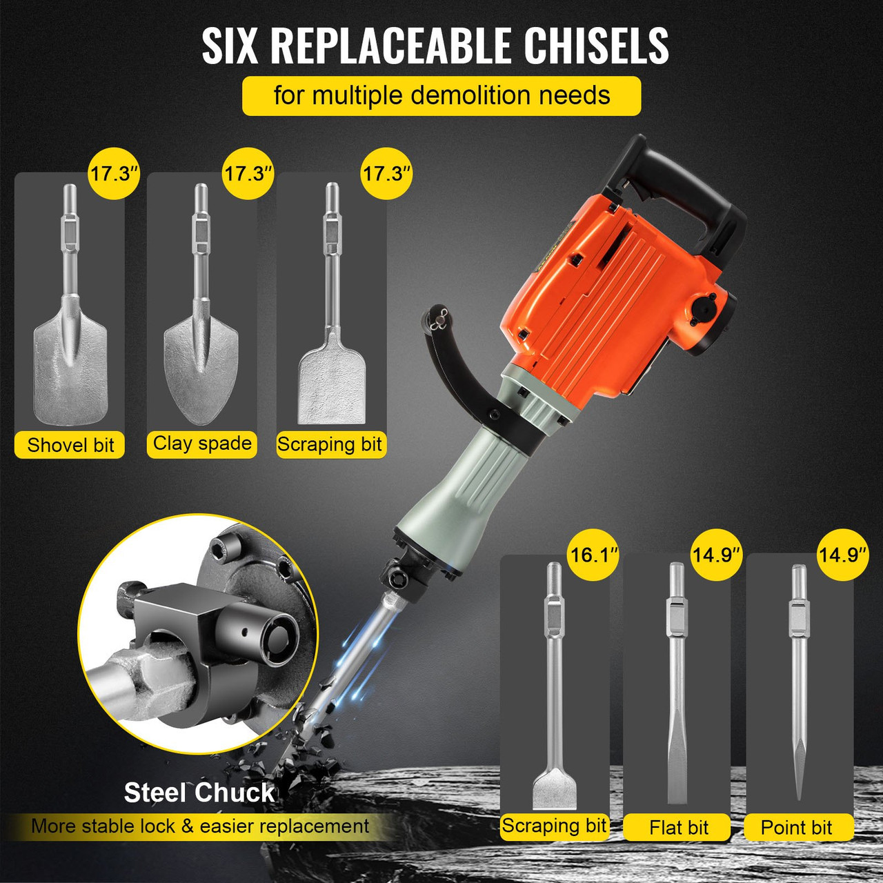Demolition Jack Hammer 3600W Jack Hammer Concrete Breaker 1800 BPM Heavy Duty Electric Jack Hammer 6pcs Chisels Bit w/Gloves & 360Ã¸Swiveling Front Handle for Trenching, Chipping, Breaking Holes