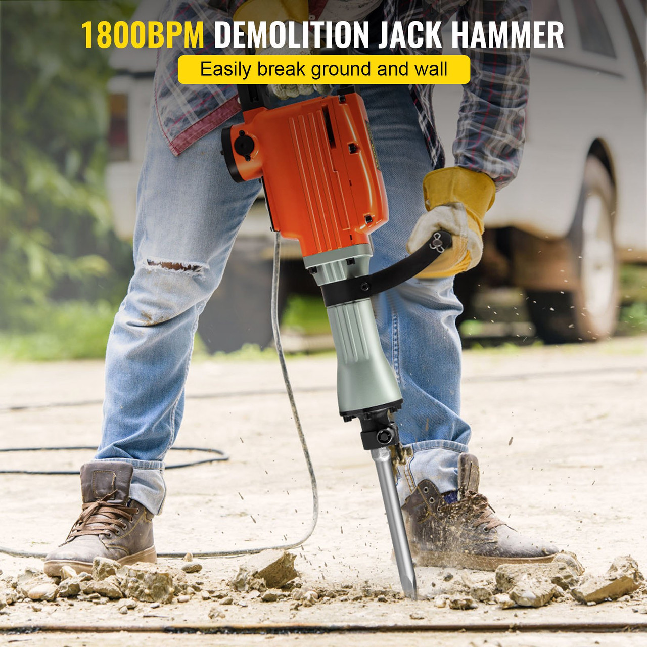 Demolition Jack Hammer 3600W Jack Hammer Concrete Breaker 1800 BPM Heavy Duty Electric Jack Hammer 6pcs Chisels Bit w/Gloves & 360øSwiveling Front Handle for Trenching, Chipping, Breaking Holes