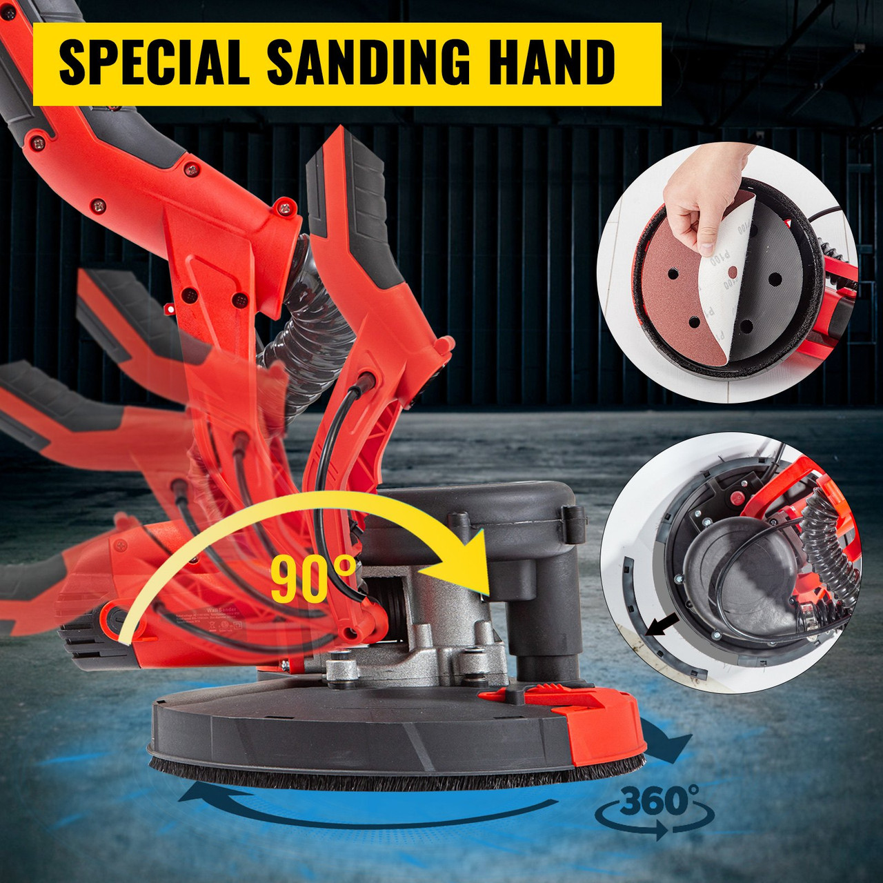 Drywall Sander 850W Electric, Electric Sander Variable Speed 800-1750RPM, Drywall Sander Foldable Sheetrock Sander, with Telescope Handle, Vacuum Bag Drywall Sanders 6 Sand Pads