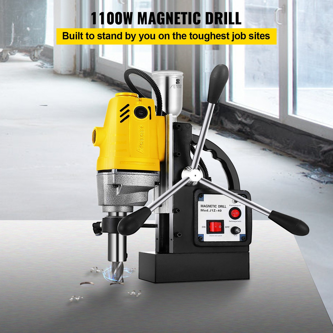 1100W Magnetic Drill Press with 1-1/2 Inch (40mm) Boring Diameter MD40 Magnetic Drill Press Machine 2810 LBS Magnetic Force Magnetic Drilling System 670 RPM with 6 Pcs HSS Annular Cutter Kit