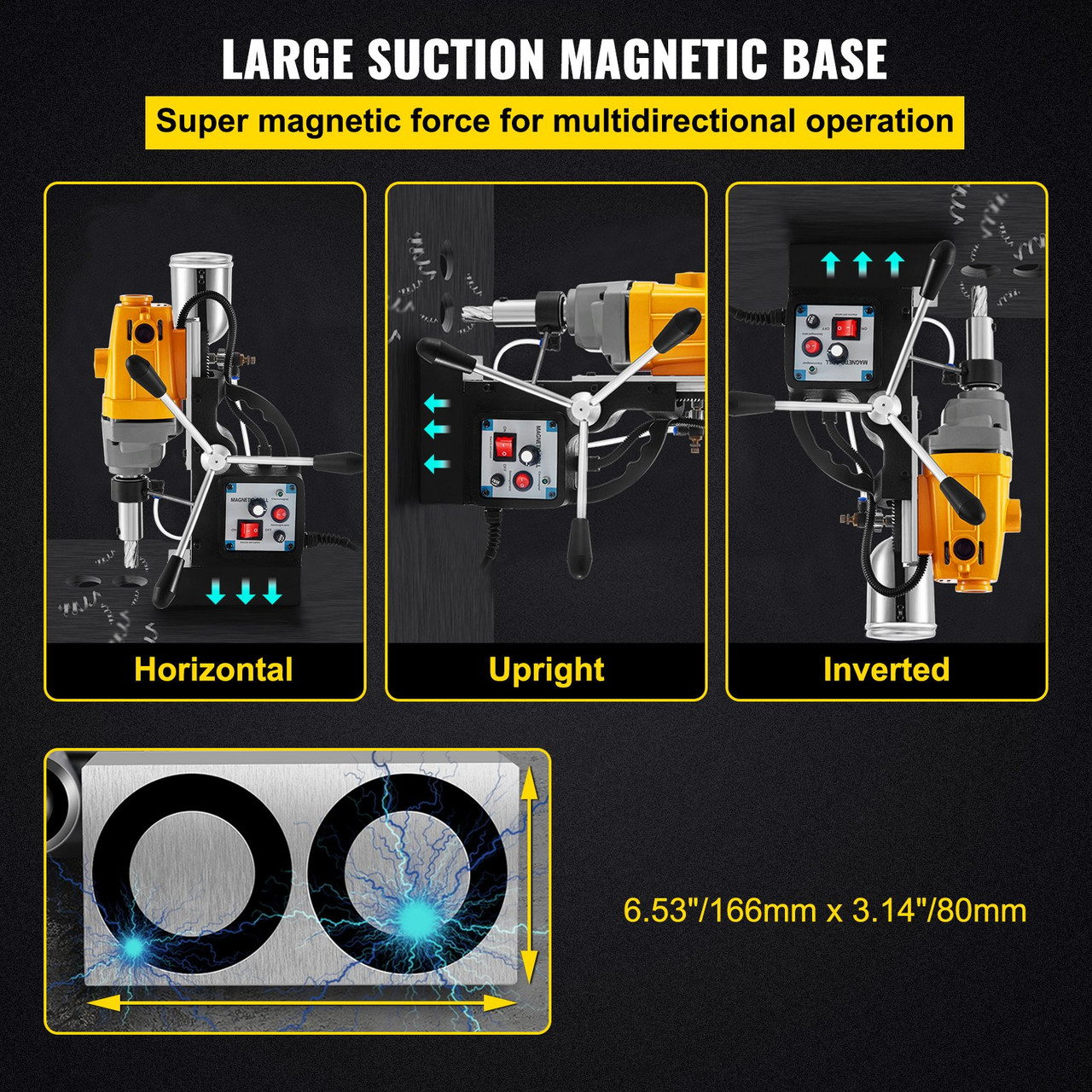 Magnetic Drill, 200-550RPM Stepless Speed Electromagnetic Drill Press, 2.16" Depth 1.57" Dia Magnetic Core Drill, 2700LBS Boring Tool Drill Press, 1100W Drill Press, Yellow & Black Drill Machine