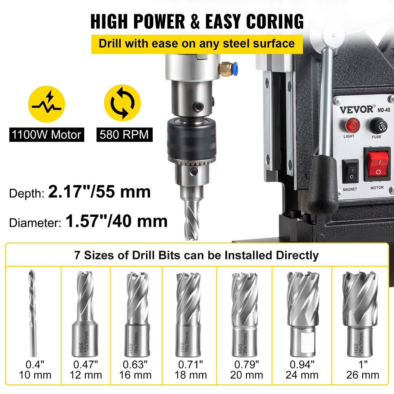 Mag Drill Press Electric Magnetic Drill 1100W 1.57" Max Diameter w/ 7 Bits