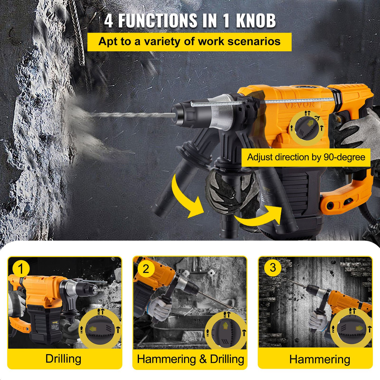 Rotary Hammer, 1' SDS - Plus Hammer Drill with 4 Functions & 360 Degree Rotating Handle, 9.5A 1050W Variable Speed 0-850RPM Corded Hammering Machine, Includes Chisels, Drill Bits and Case