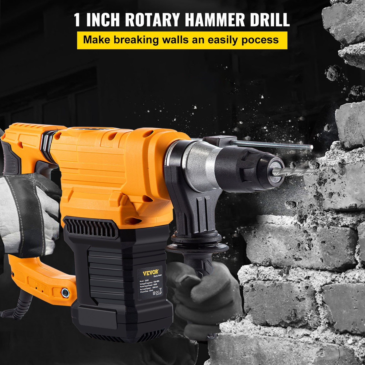 Rotary Hammer, 1' SDS - Plus Hammer Drill with 4 Functions & 360 Degree Rotating Handle, 9.5A 1050W Variable Speed 0-850RPM Corded Hammering Machine, Includes Chisels, Drill Bits and Case