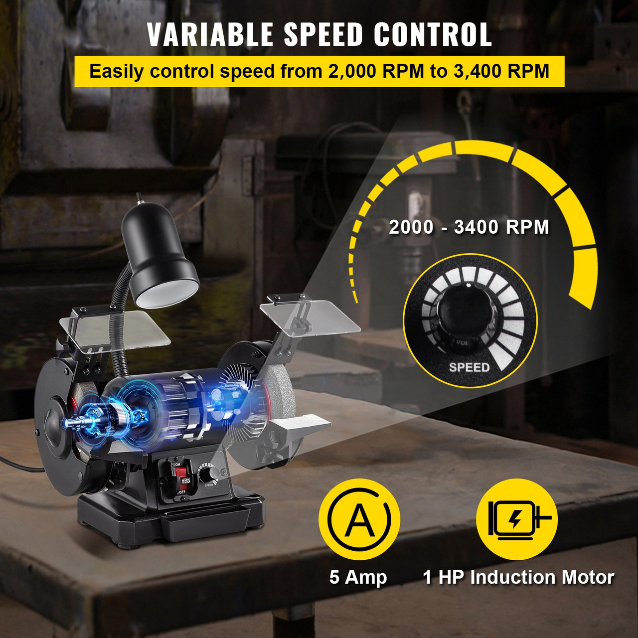 6 inch Bench Grinder, 750W 1 HP Motor, Variable-Speed Benchtop Grinder with 3400 RPM and Work Light, Two Types Wheels for Grinding, Sharping and Smoothing