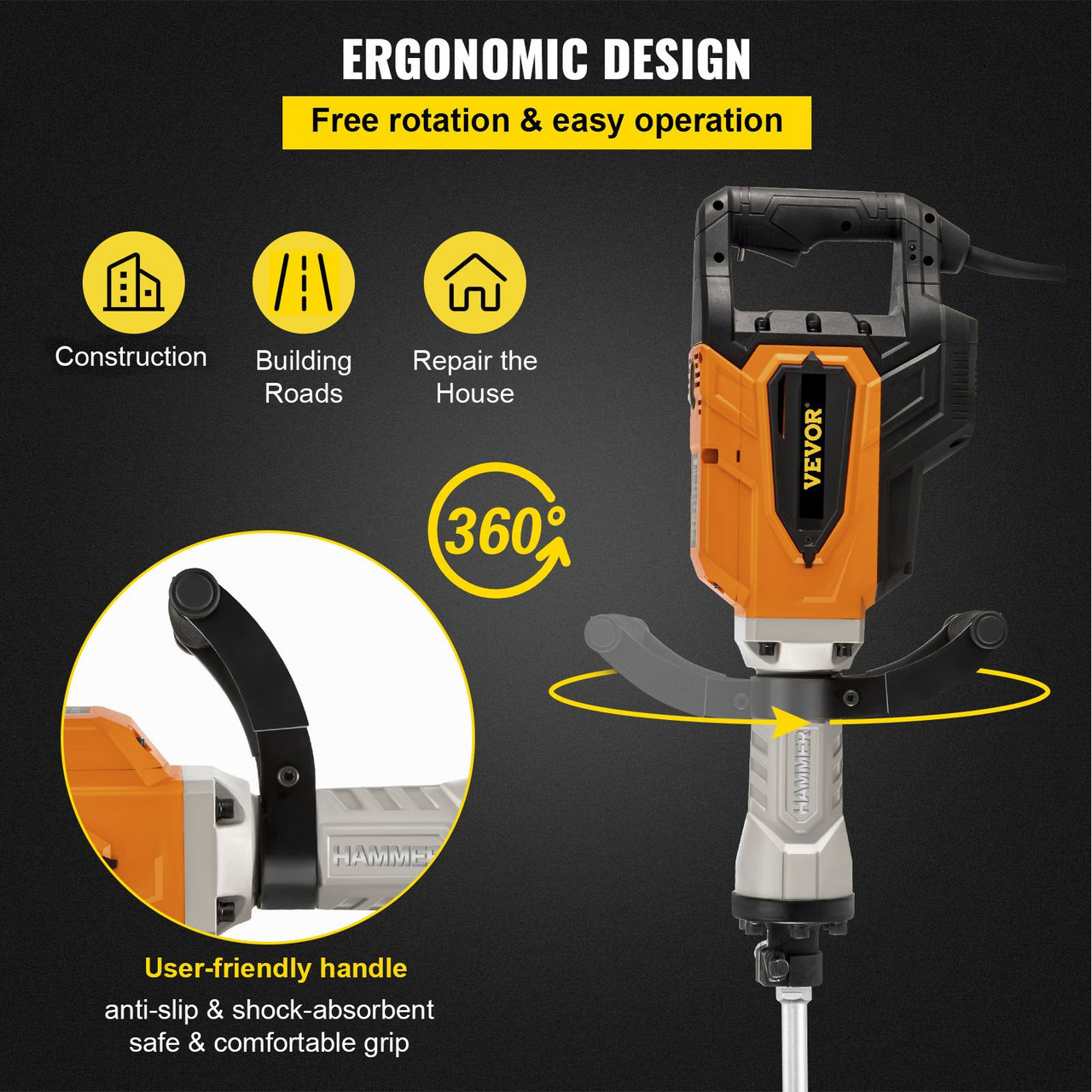 Demolition Jack Hammer, 4500W 1800BPM, 1-1/8' Hex Heavy Duty Concrete Breaker Chisel, Case & Gloves, 110V Industrial Electric Jackhammer for Demolishing, Chipping & Demo, CE Approved, Yellow