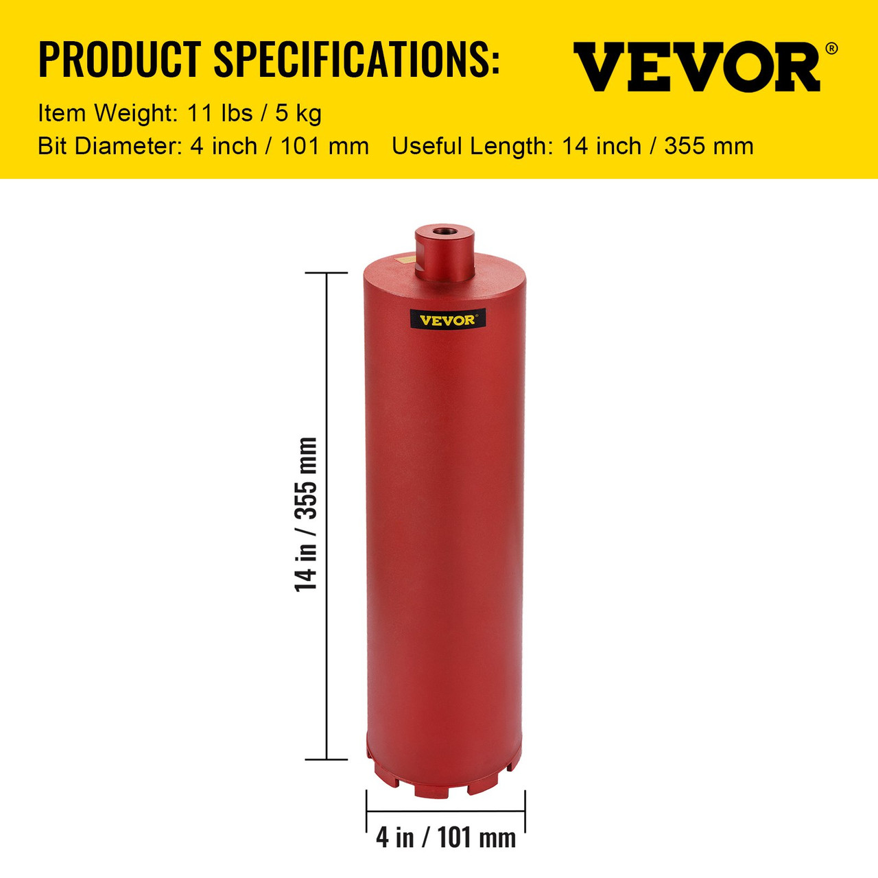 Dry Diamond Core Drill 4"/101mm Dia &14" Long Adapts Concrete Masonry