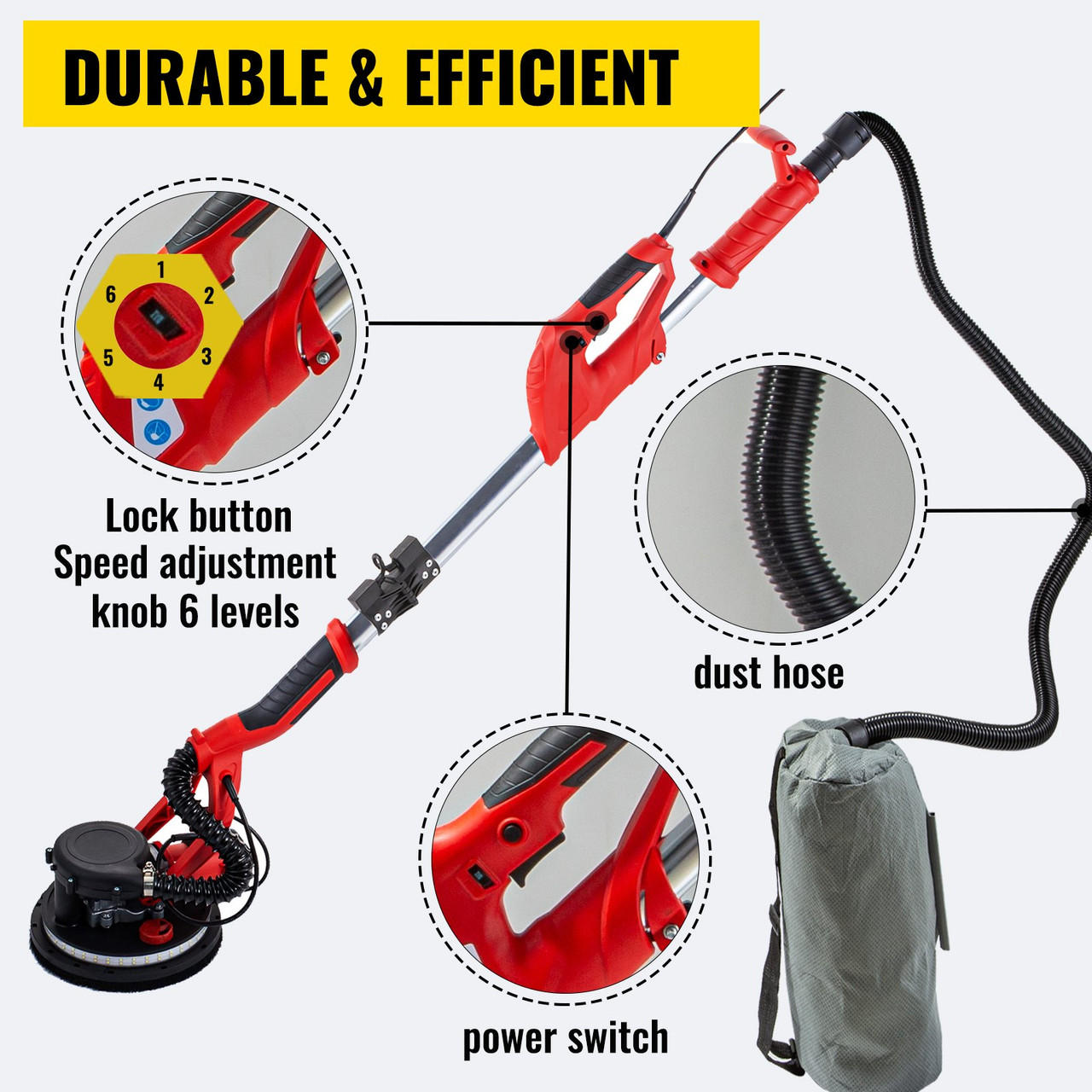 Drywall Sander Electric Drywall Sander 850W Foldable with Strip Light Vacuum Bag