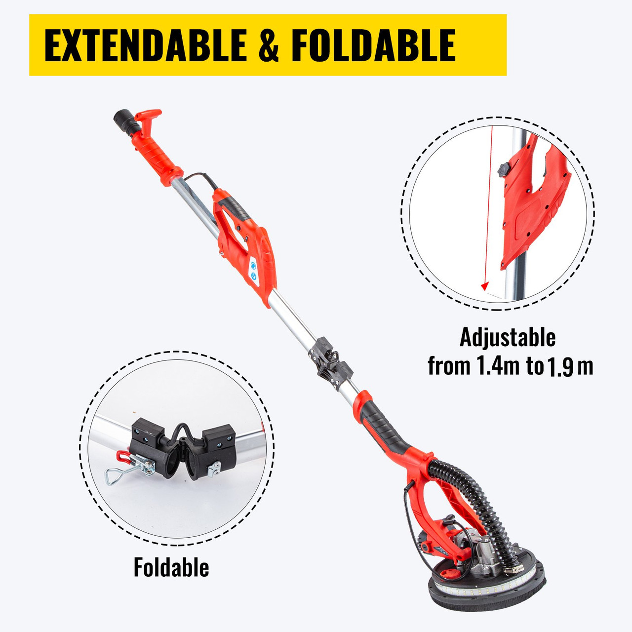 Electric Drywall Sander 850W with LED Strip Light, Foldable Sheetrock Sander with Extendable Handle Variable Speed 800-1750RPM,Drywall Sander with 6 Sand Pads