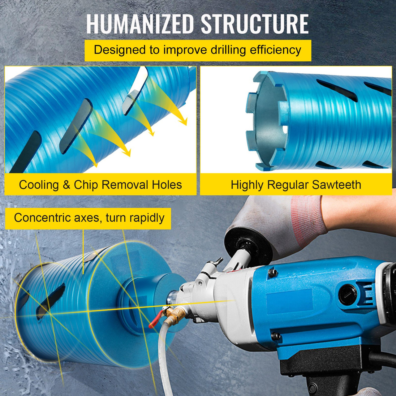 Dry Diamond Core Drill 4" Dia. & 9.5" Long Adapts Concrete Masonry Brick
