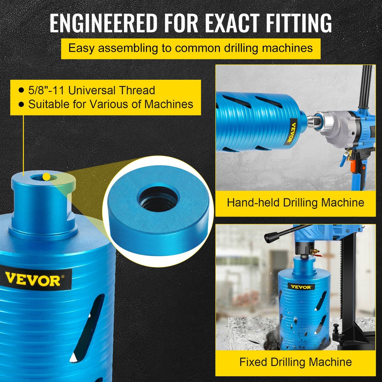 Dry Diamond Core Drill 4" Dia. & 9.5" Long Adapts Concrete Masonry Brick