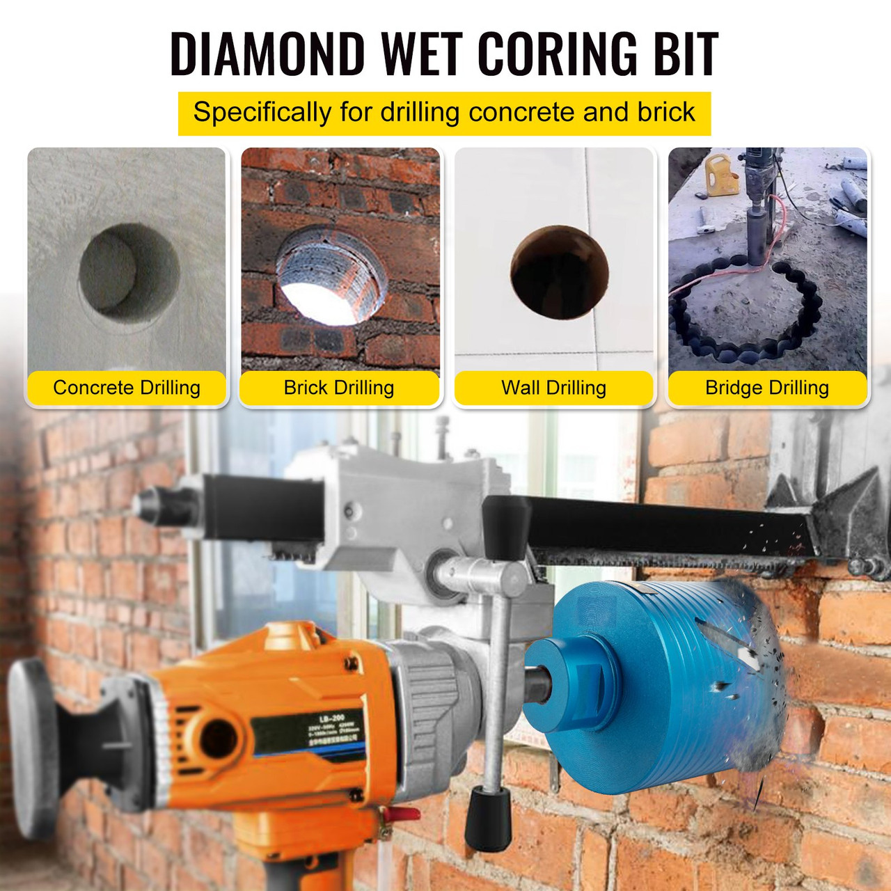 Dry Diamond Core Drill 4" Dia. & 9.5" Long Adapts Concrete Masonry Brick