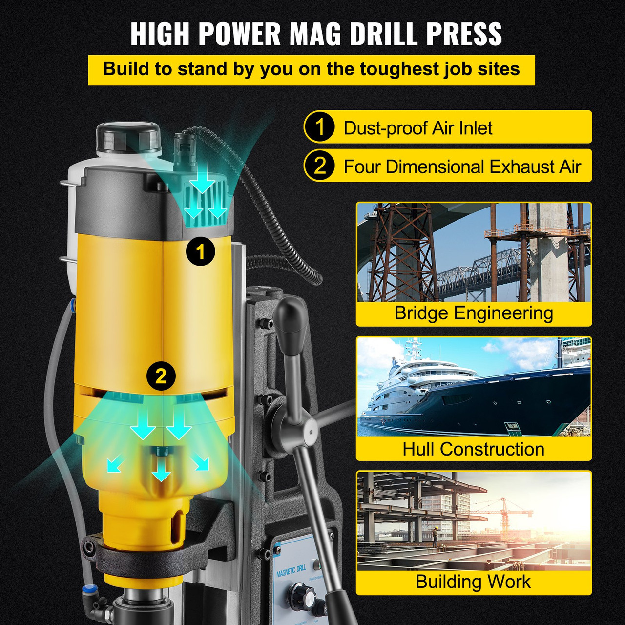 Mag Drill, 0-300 RPM Stepless Speed Electromagnetic Drill Press, 2" Depth 2" Dia Magnetic Core Drill, 2922lbf Boring Tool Drill Press, 1680 Watts Drill Press, Yellow and Black Drill Machine