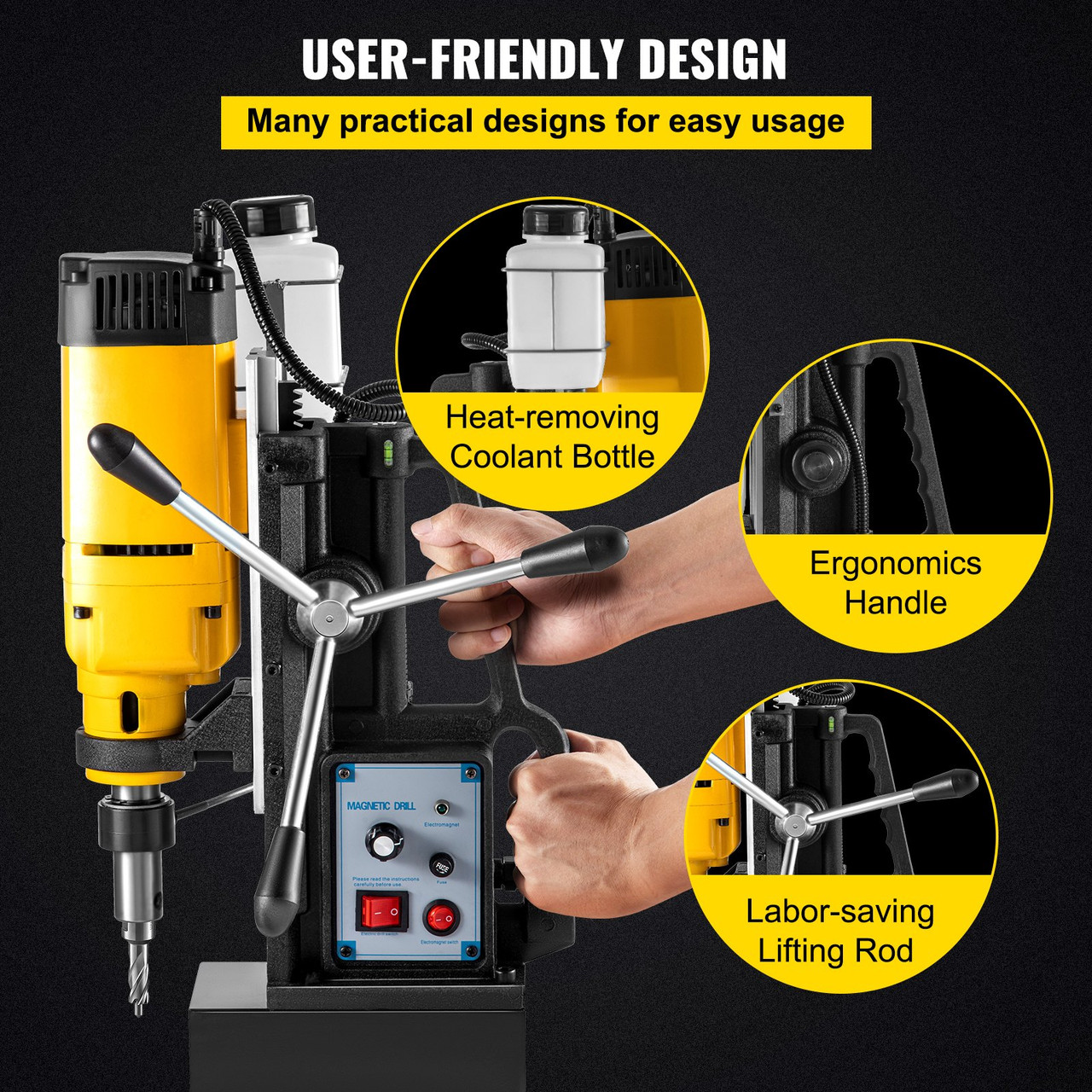 Mag Drill, 0-300 RPM Stepless Speed Electromagnetic Drill Press, 2" Depth 2" Dia Magnetic Core Drill, 2922lbf Boring Tool Drill Press, 1680 Watts Drill Press, Yellow and Black Drill Machine