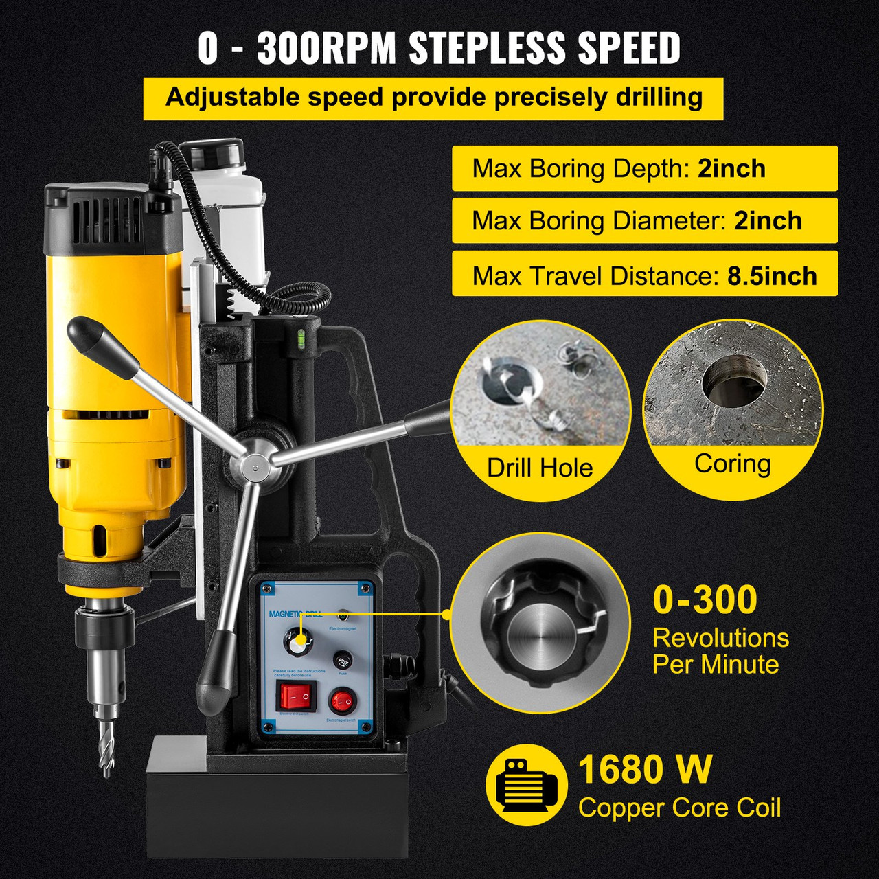 Mag Drill, 0-300 RPM Stepless Speed Electromagnetic Drill Press, 2" Depth 2" Dia Magnetic Core Drill, 2922lbf Boring Tool Drill Press, 1680 Watts Drill Press, Yellow and Black Drill Machine
