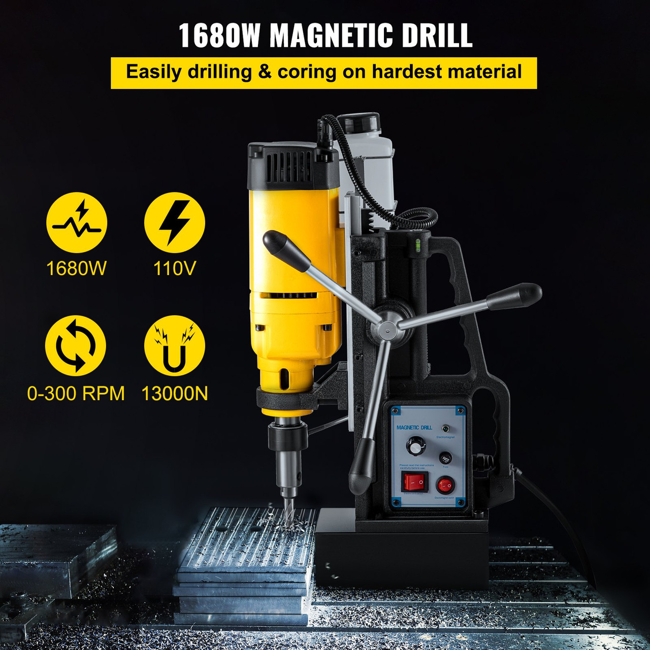 Mag Drill, 0-300 RPM Stepless Speed Electromagnetic Drill Press, 2" Depth 2" Dia Magnetic Core Drill, 2922lbf Boring Tool Drill Press, 1680 Watts Drill Press, Yellow and Black Drill Machine