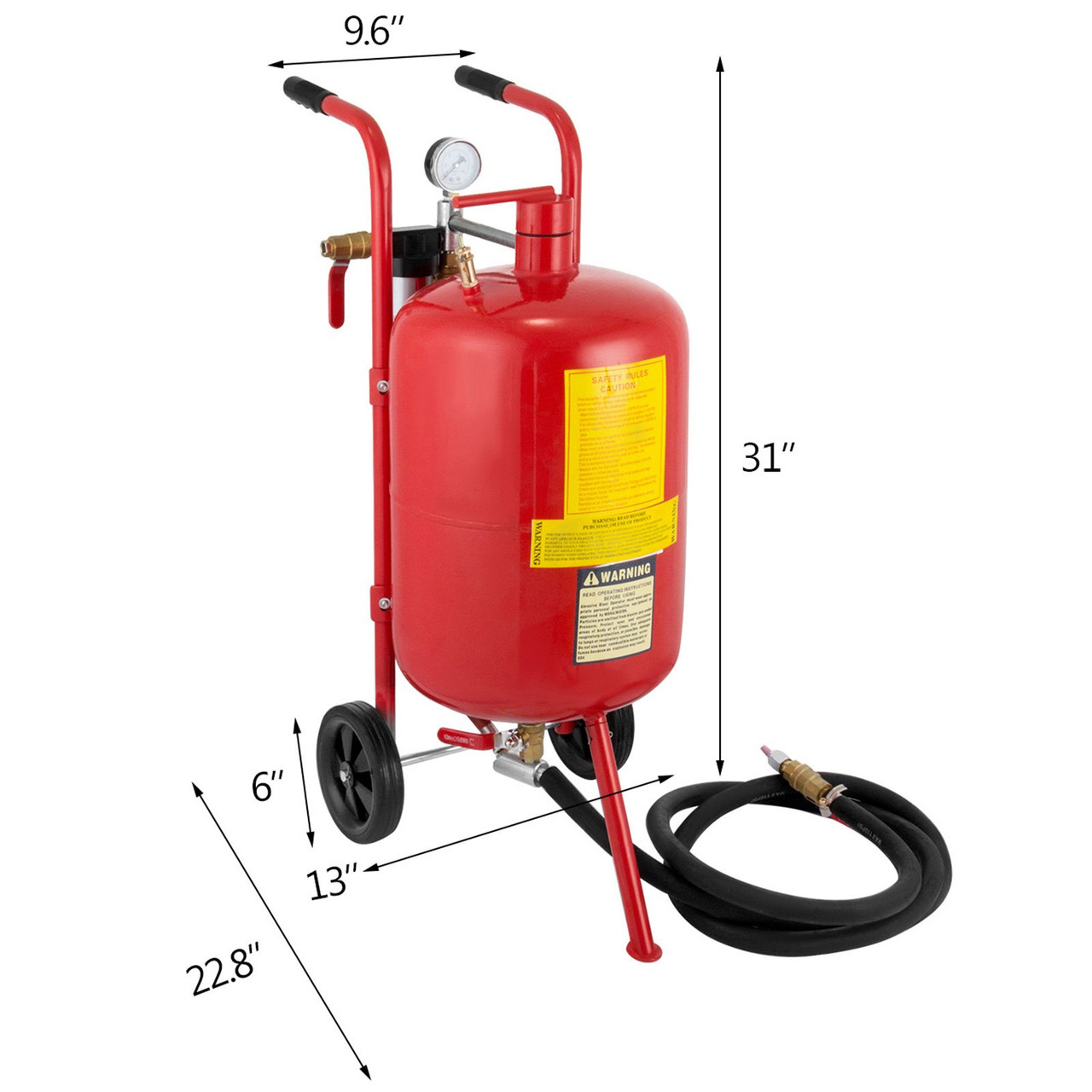 10 Gallon/40L Sandblaster Equipped with Nozzle Shut-Off Valve Pressure Gauge Ceramic Nozzle 2.5m Hose Filling Funnel Watertrap 6" Rubber Wheels Grit Blasting Blast Sandblasting