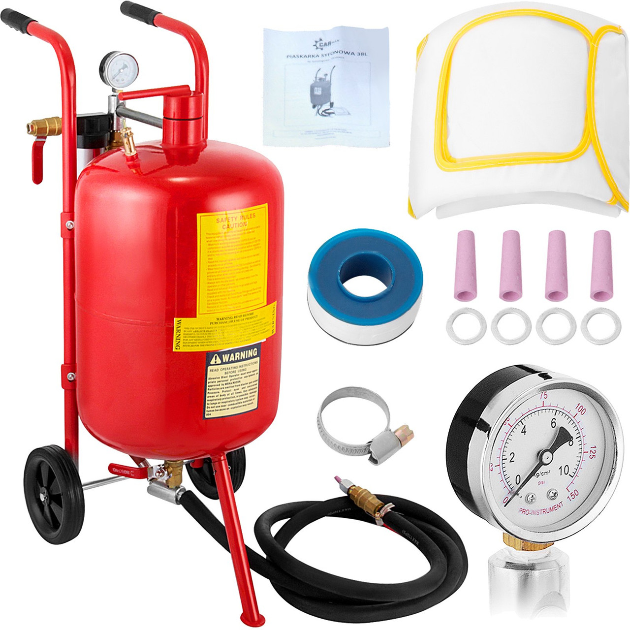 10 Gallon/40L Sandblaster Equipped with Nozzle Shut-Off Valve Pressure Gauge Ceramic Nozzle 2.5m Hose Filling Funnel Watertrap 6" Rubber Wheels Grit Blasting Blast Sandblasting