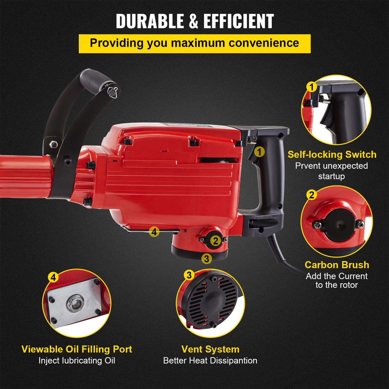 Demolition Jack Hammer Jack Hammer Concrete Breaker 1200 BPM Heavy Duty Electric Jack Hammer 3 Chisel Bit W/Gloves & 360° Swiveling Front Handle for Trenching, Chipping, Breaking Holes