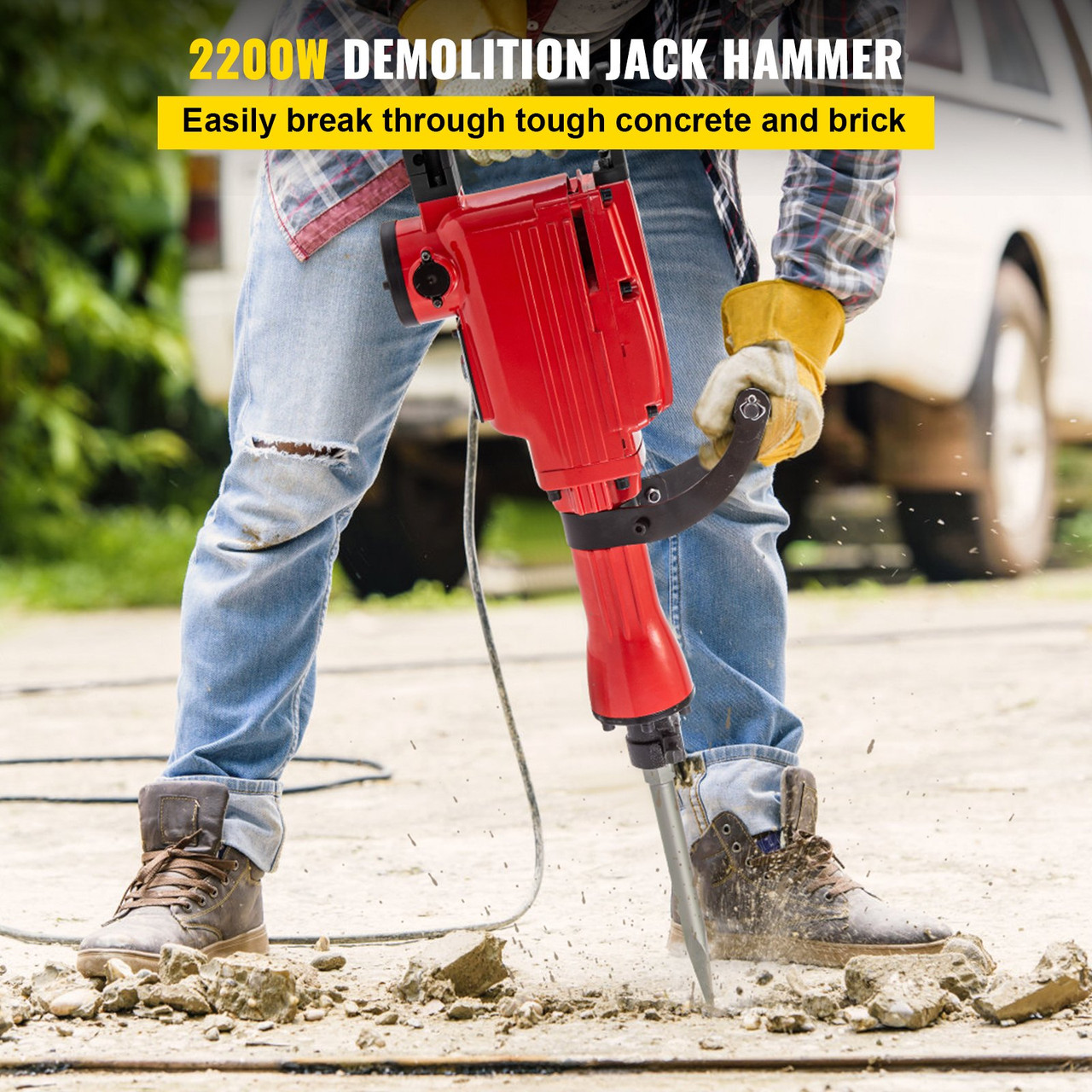 Demolition Jack Hammer Jack Hammer Concrete Breaker 1200 BPM Heavy Duty Electric Jack Hammer 3 Chisel Bit W/Gloves & 360ø Swiveling Front Handle for Trenching, Chipping, Breaking Holes