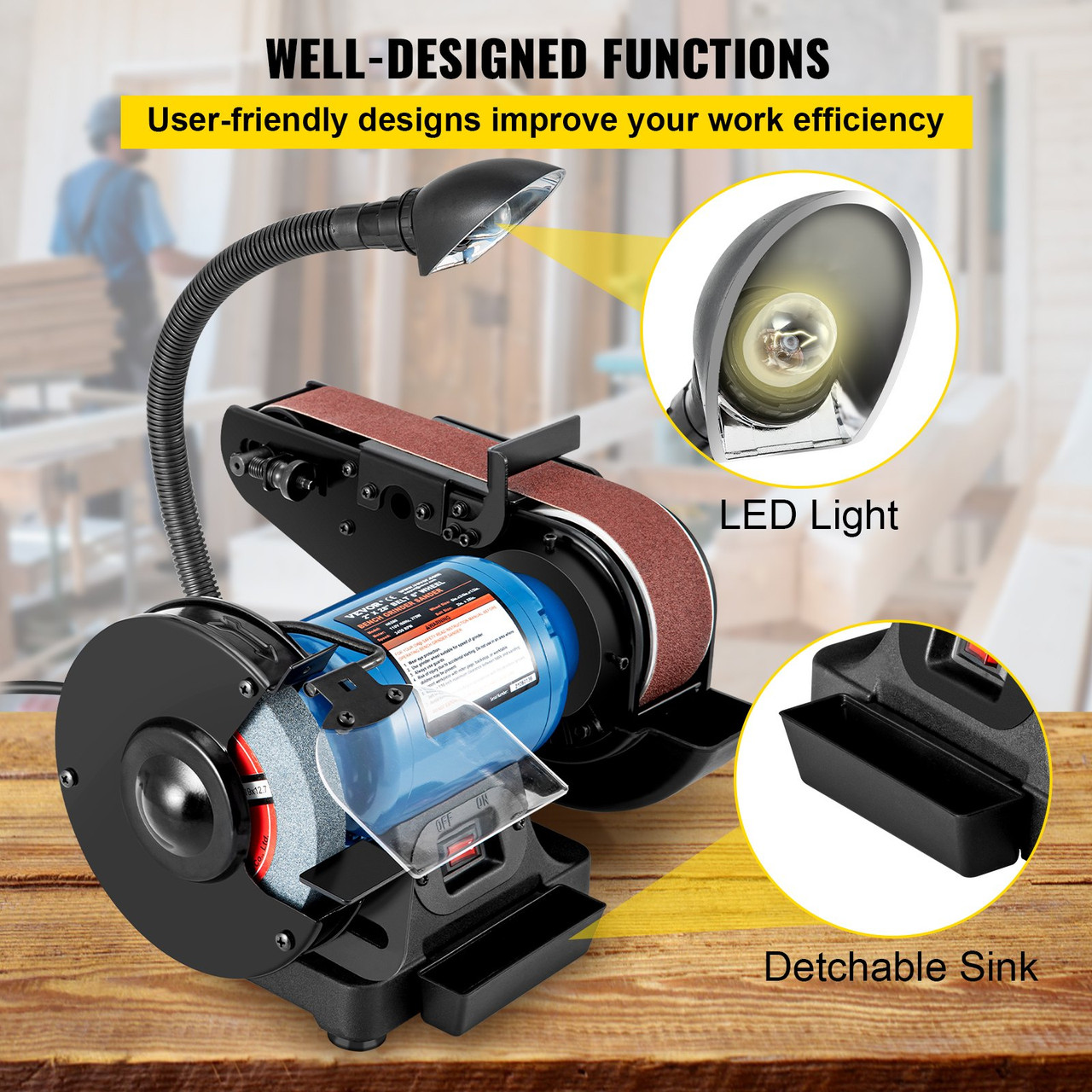 2" Belt Sander and 6" Disc Sander With Sturdy Base & LED Working Lamp