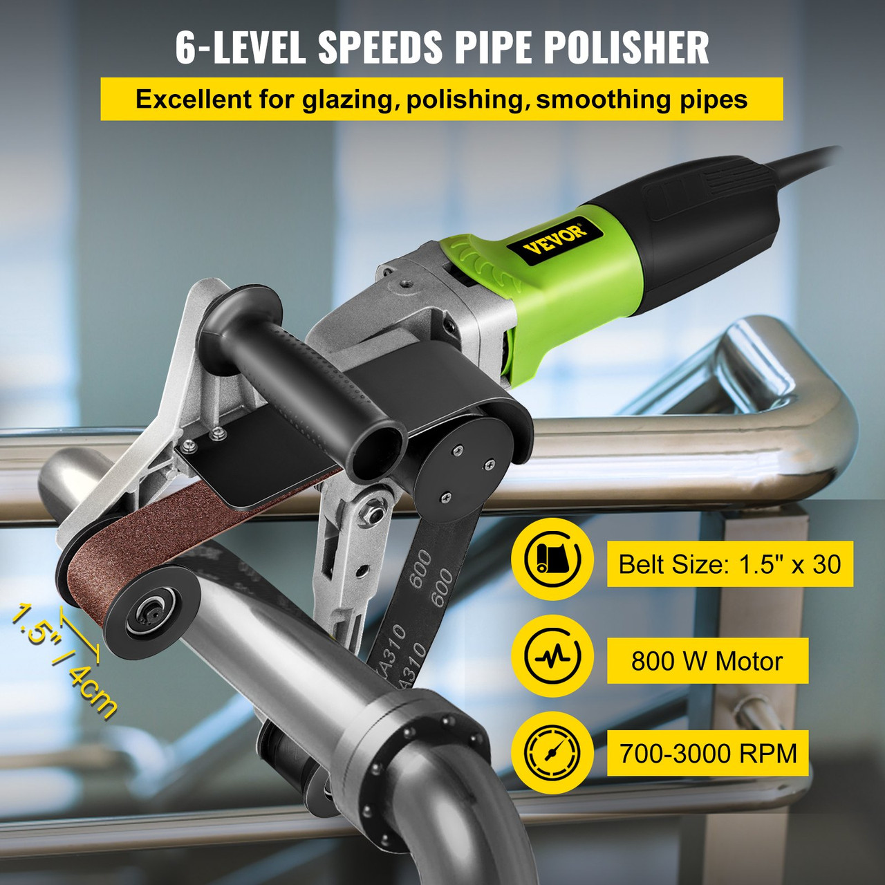 Pipe Tube Polisher Sander 7'/180 mm Max Pipe Diameter,Sander Polisher Grinder 110V 800W,Professional Belt Sander Grinding Machine 6 Speeds Adjustable,for Burnishing Finishing Stainless Steel