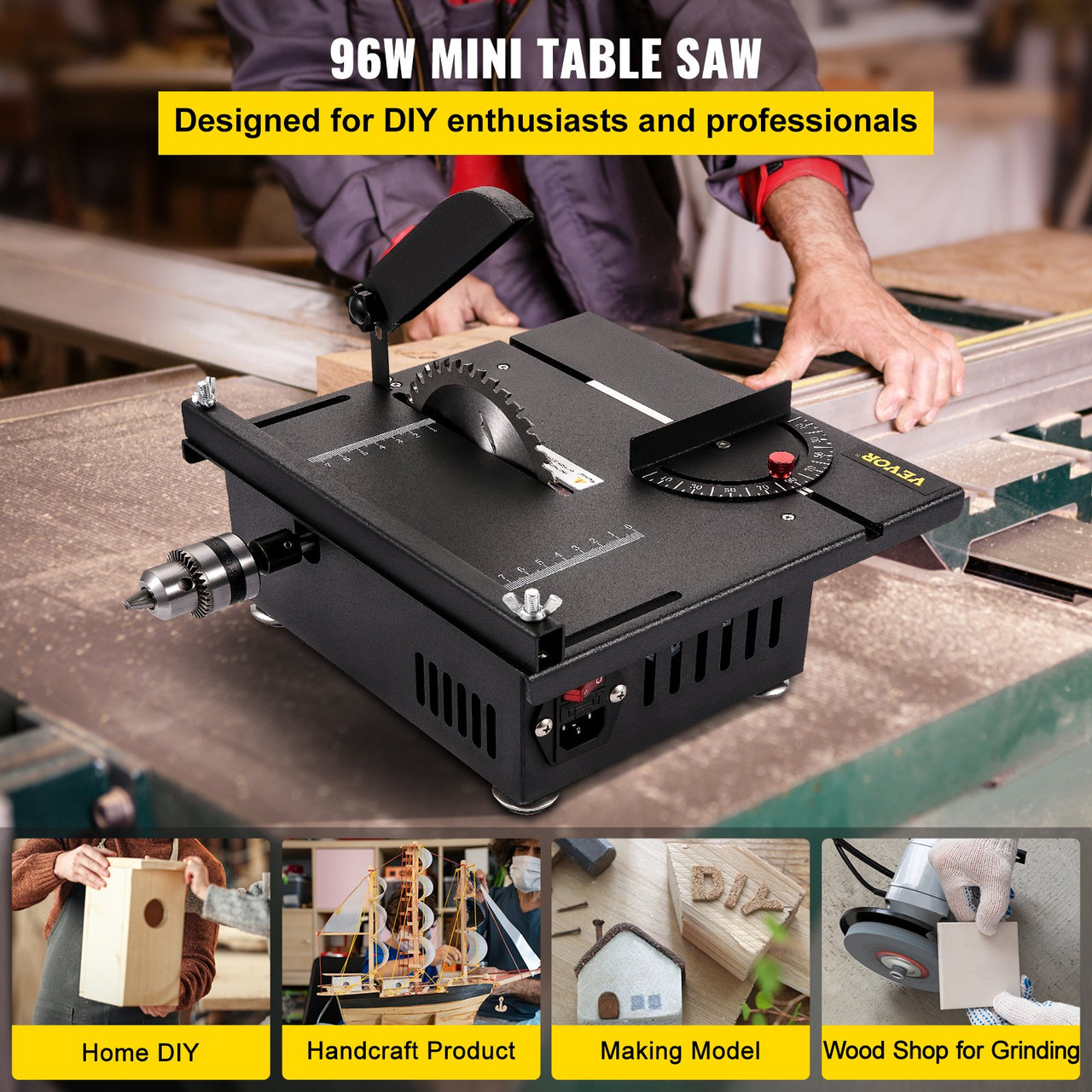 Mini Table Saw, 200W Hobby Table Saw for Woodworking, 0-90 Angle Cutting Portable DIY Saw, 4000RMP Multifunctional Table Saws, 1.57in Cutting Depth with Black Apron (Cutting/Polishing Set)