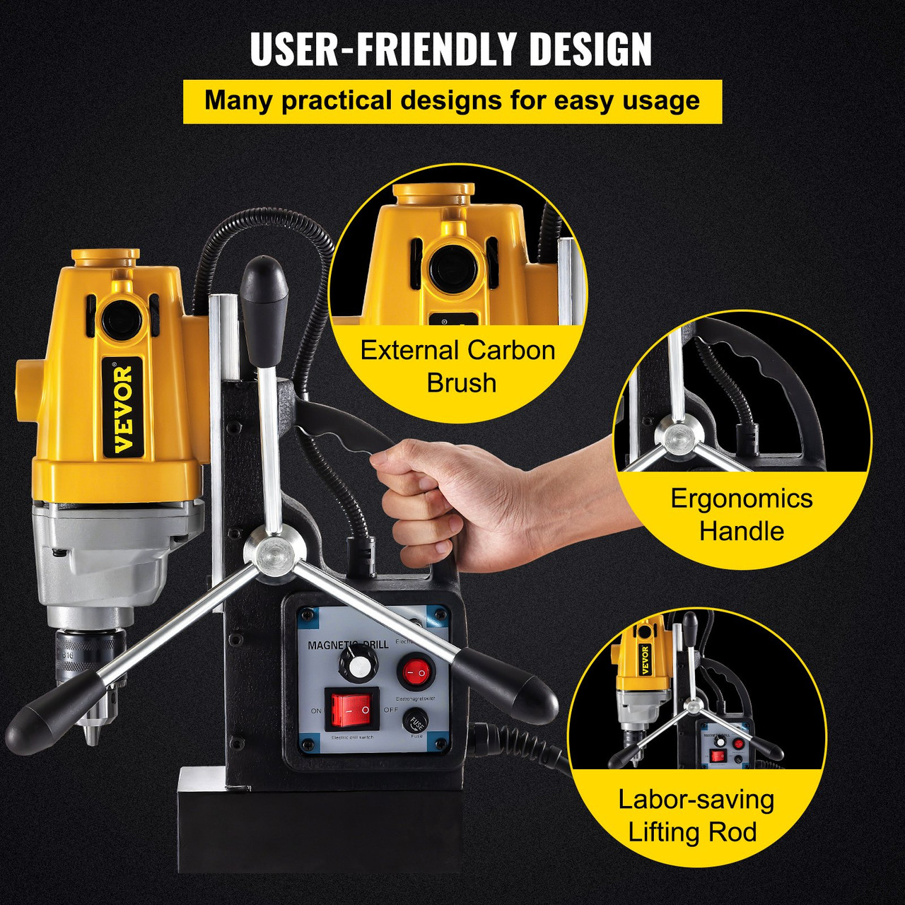 Mag Drill, 0-550 RPM Stepless Speed Electromagnetic Drill Press, 3.9" Depth 0.5" Dia Magnetic Core Drill, 1910lbf Boring Tool Drill Press, 750W Drill Press, Yellow and Black Drill Machine